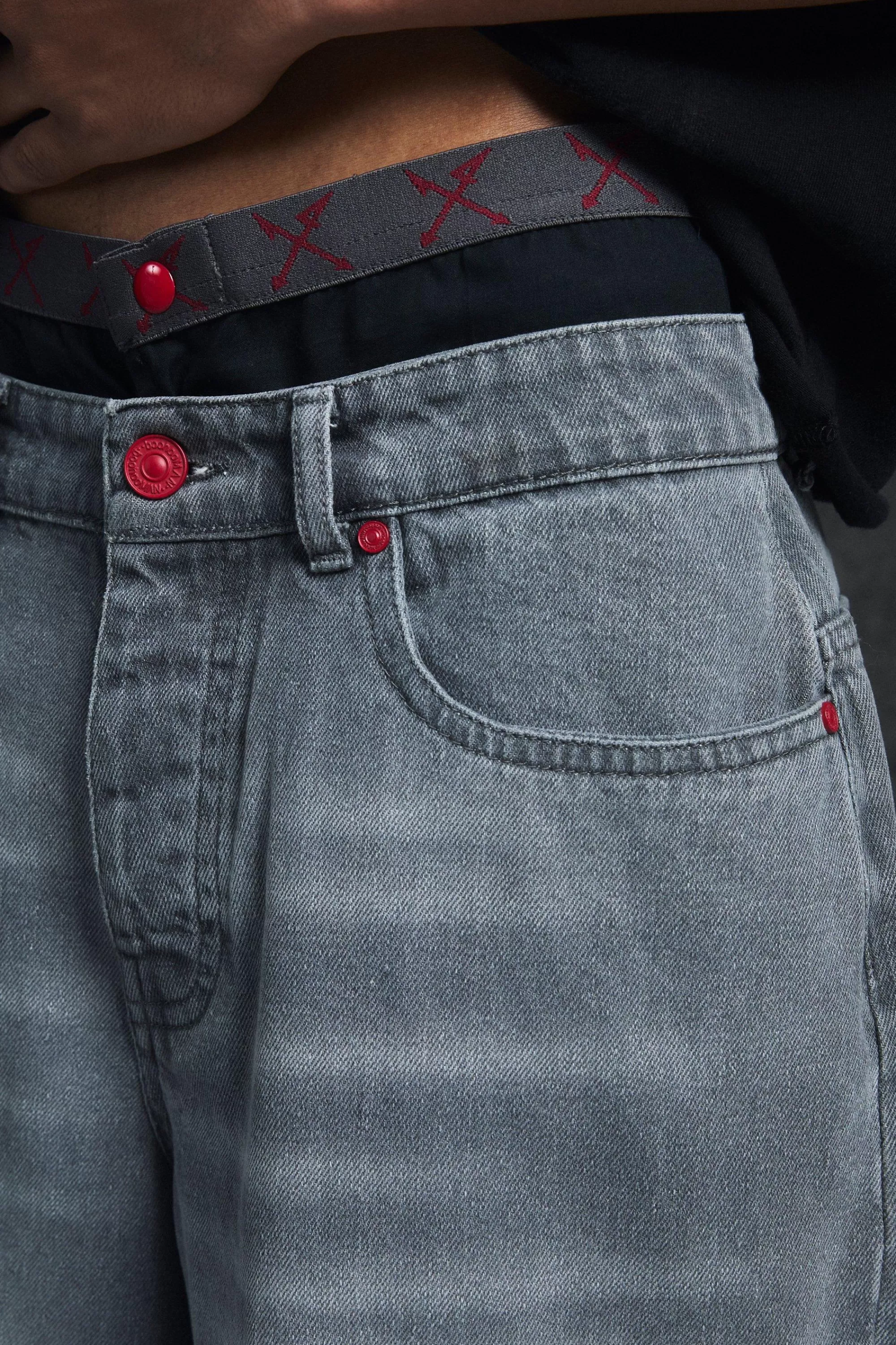 boohooMAN Trippie Redd Long Line Boxer Waistband Denim Jorts | UK