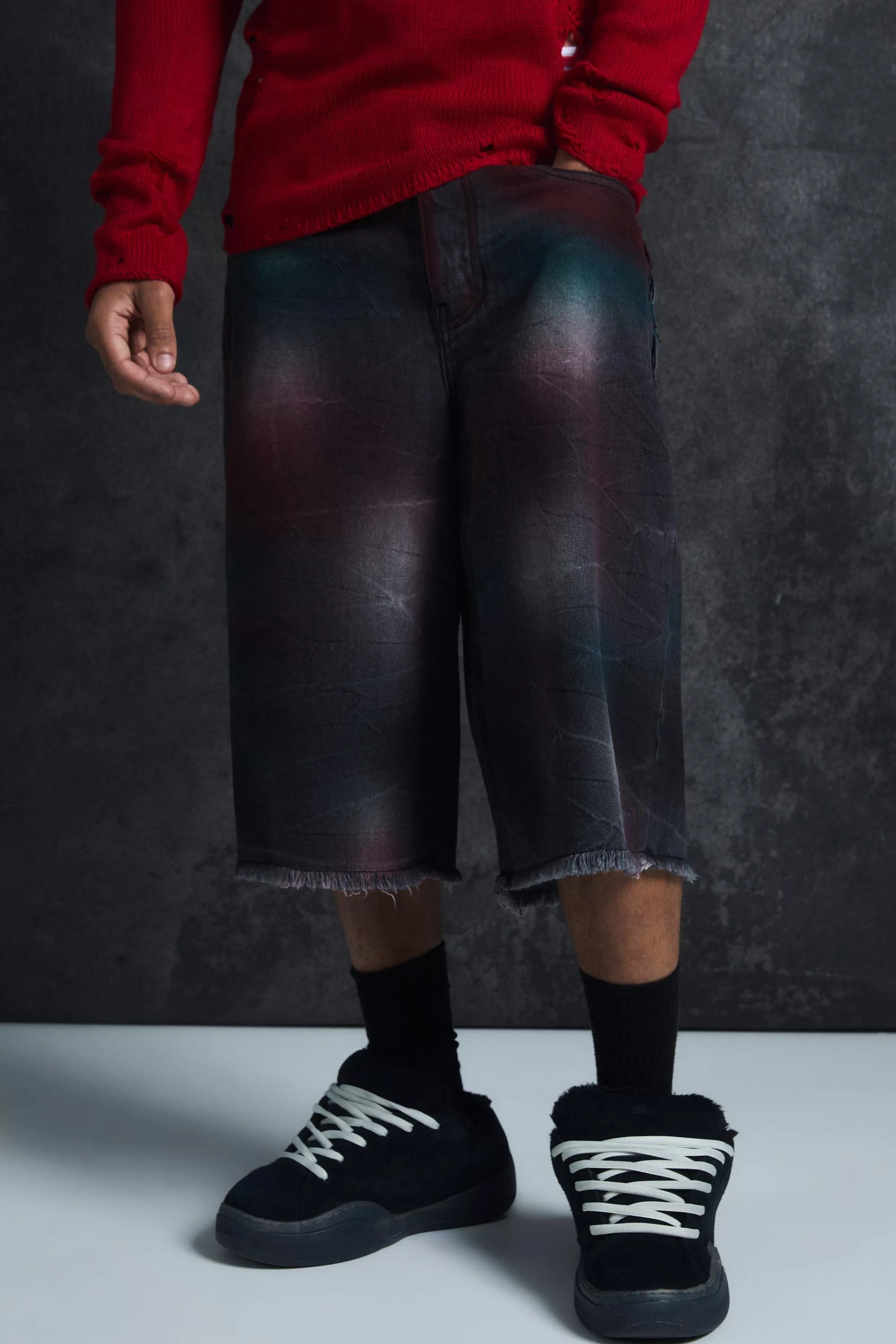boohooMAN Trippie d Long Line Extreme Washed Denim Jorts | UK
