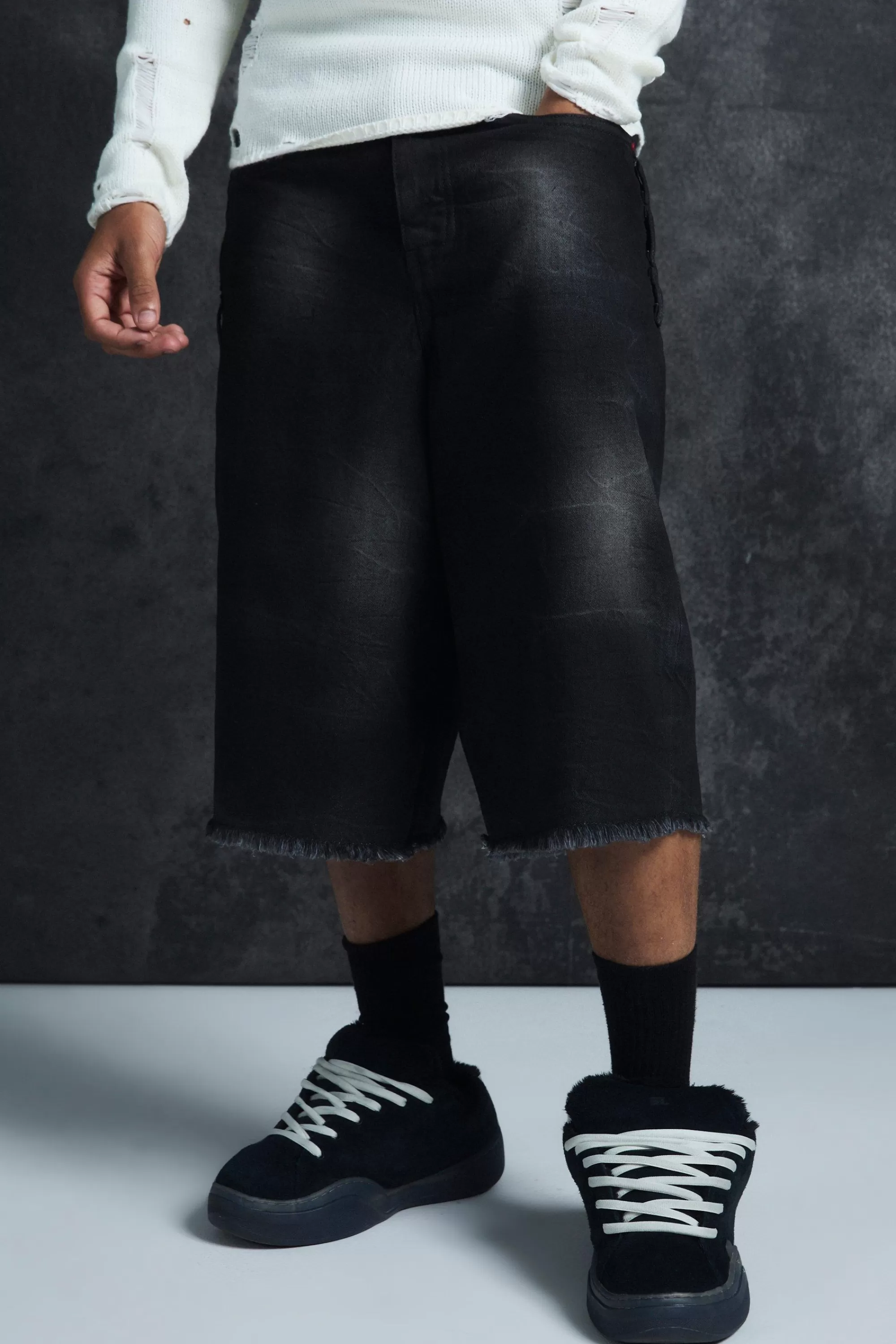boohooMAN Trippie Redd Long Line Extreme Washed Denim Jorts | UK