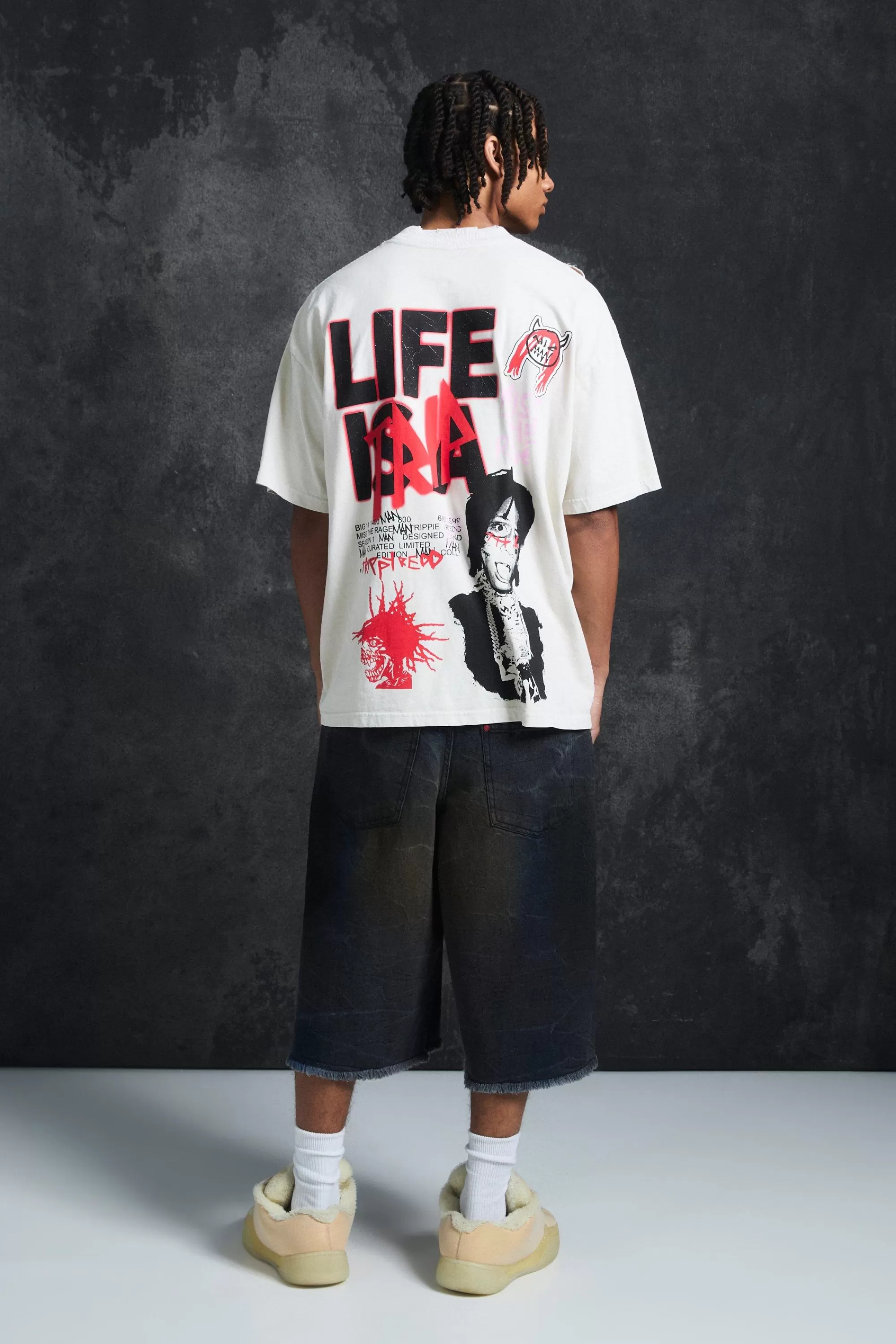 boohooMAN Trippie Redd Long Line Extreme Washed Denim Jorts | UK