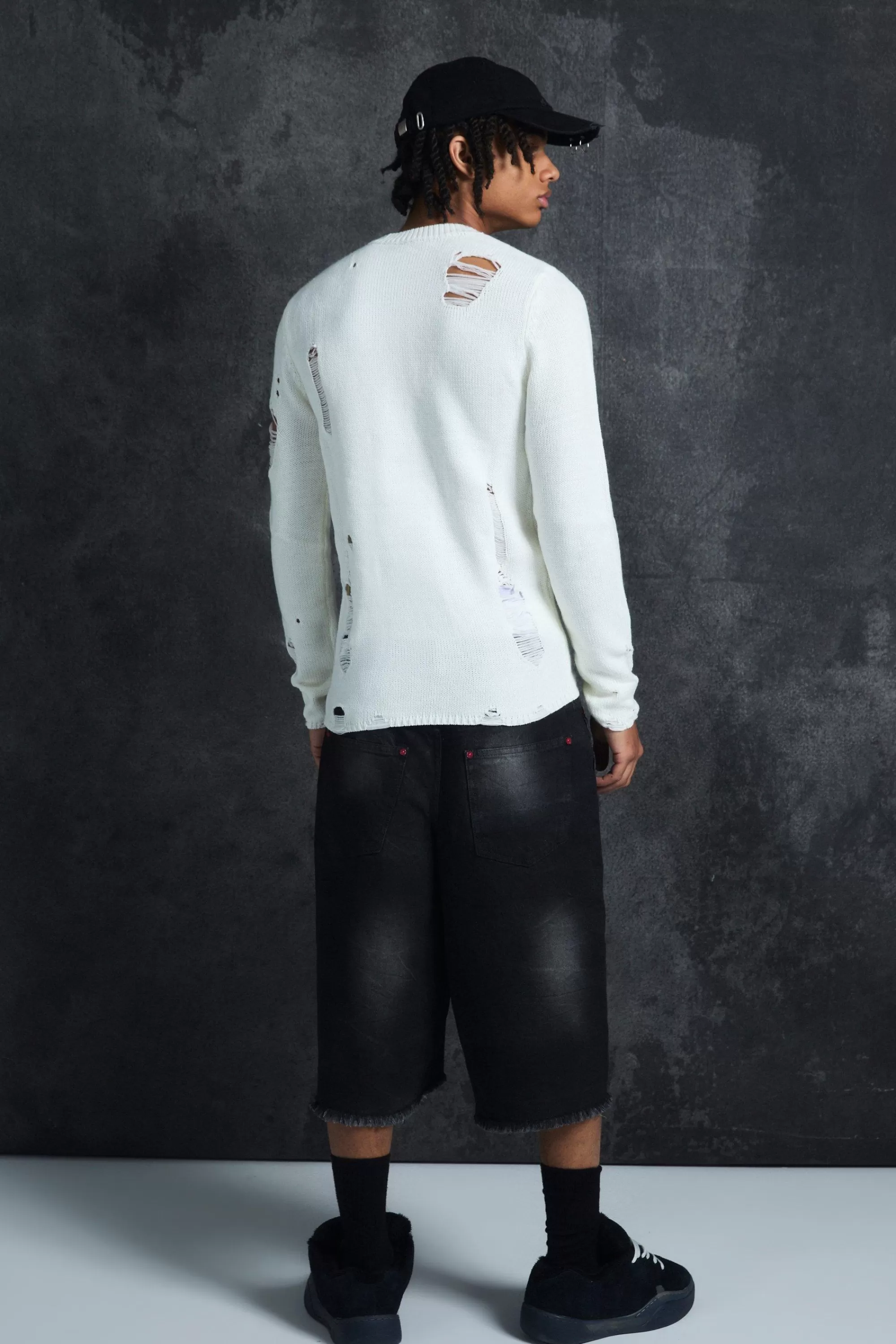boohooMAN Trippie Redd Long Line Extreme Washed Denim Jorts | UK