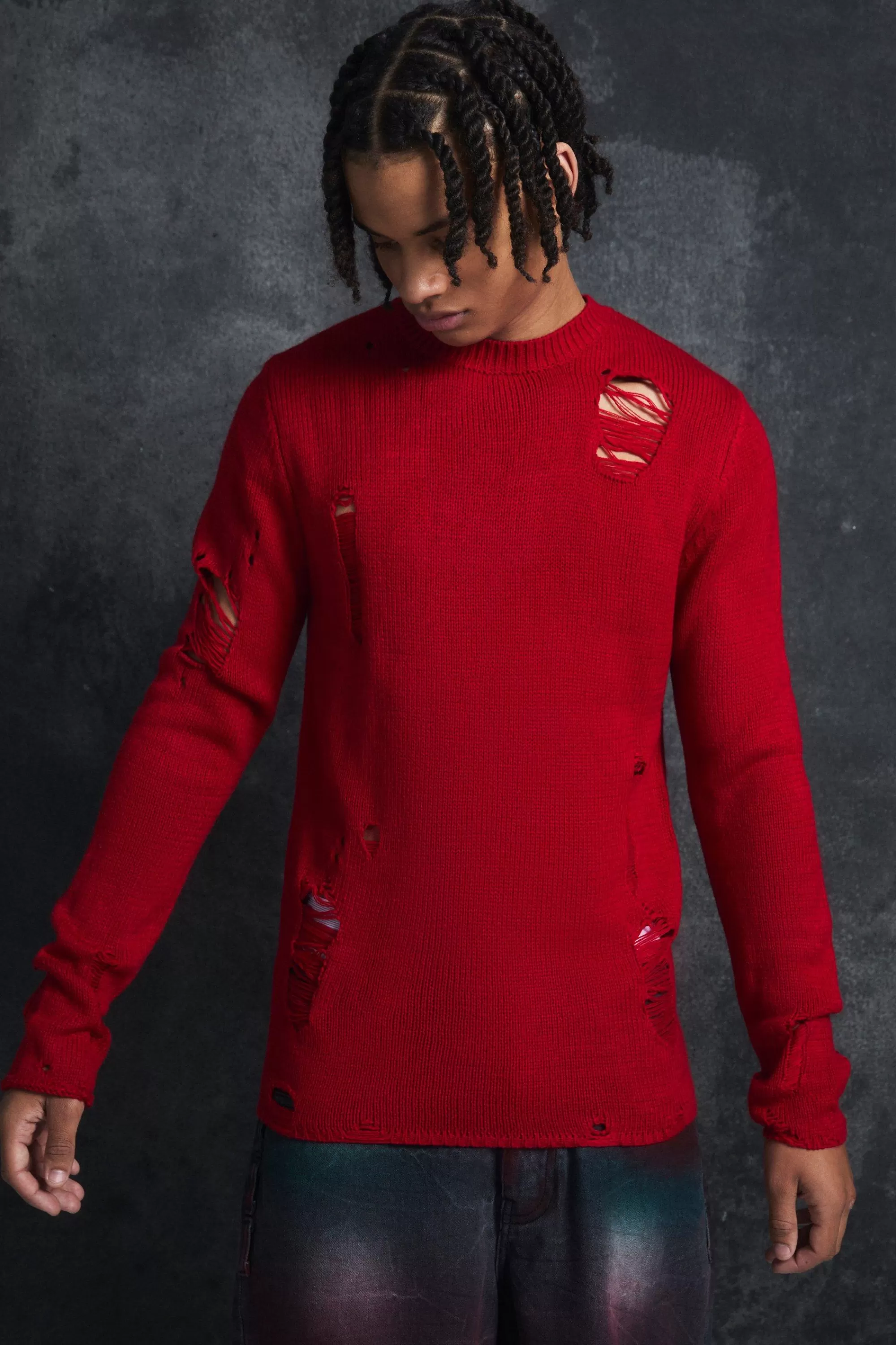 boohooMAN Trippie d Muscle Fit Distressed Jumper | UK