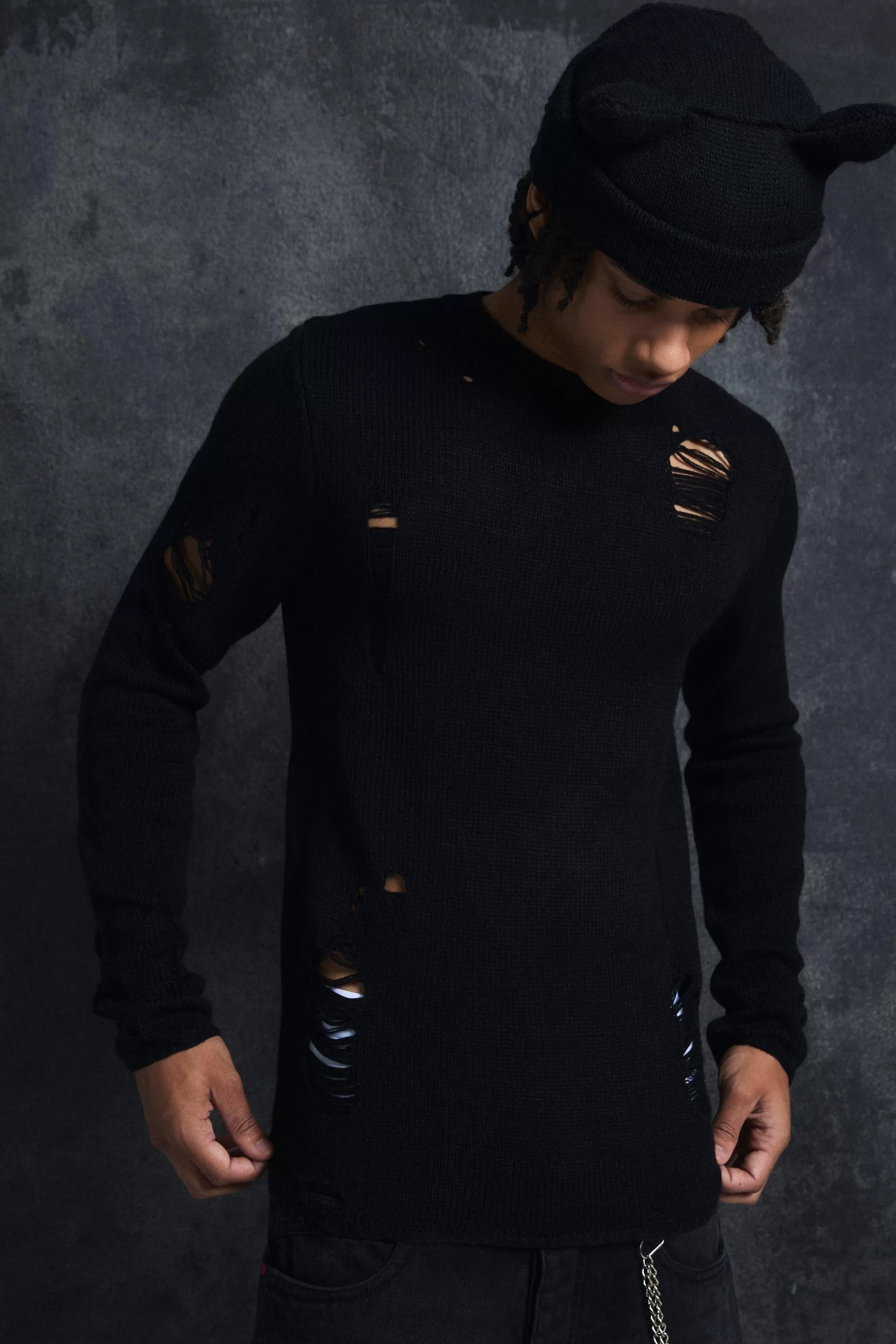 boohooMAN Trippie Redd Muscle Fit Distressed Jumper | UK