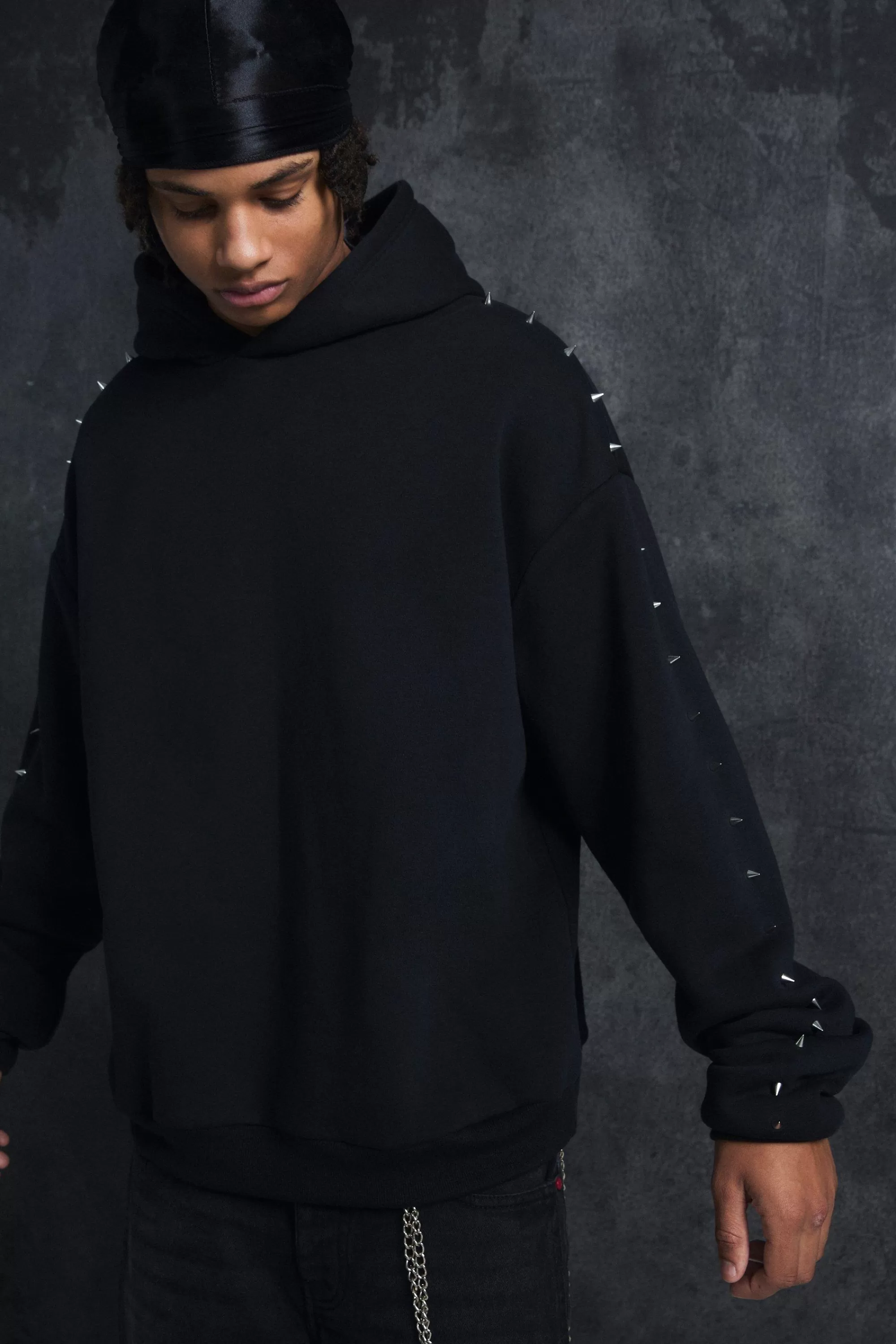 boohooMAN Trippie Redd Oversized Dropped Shoulder Metal Spike Hoodie | UK