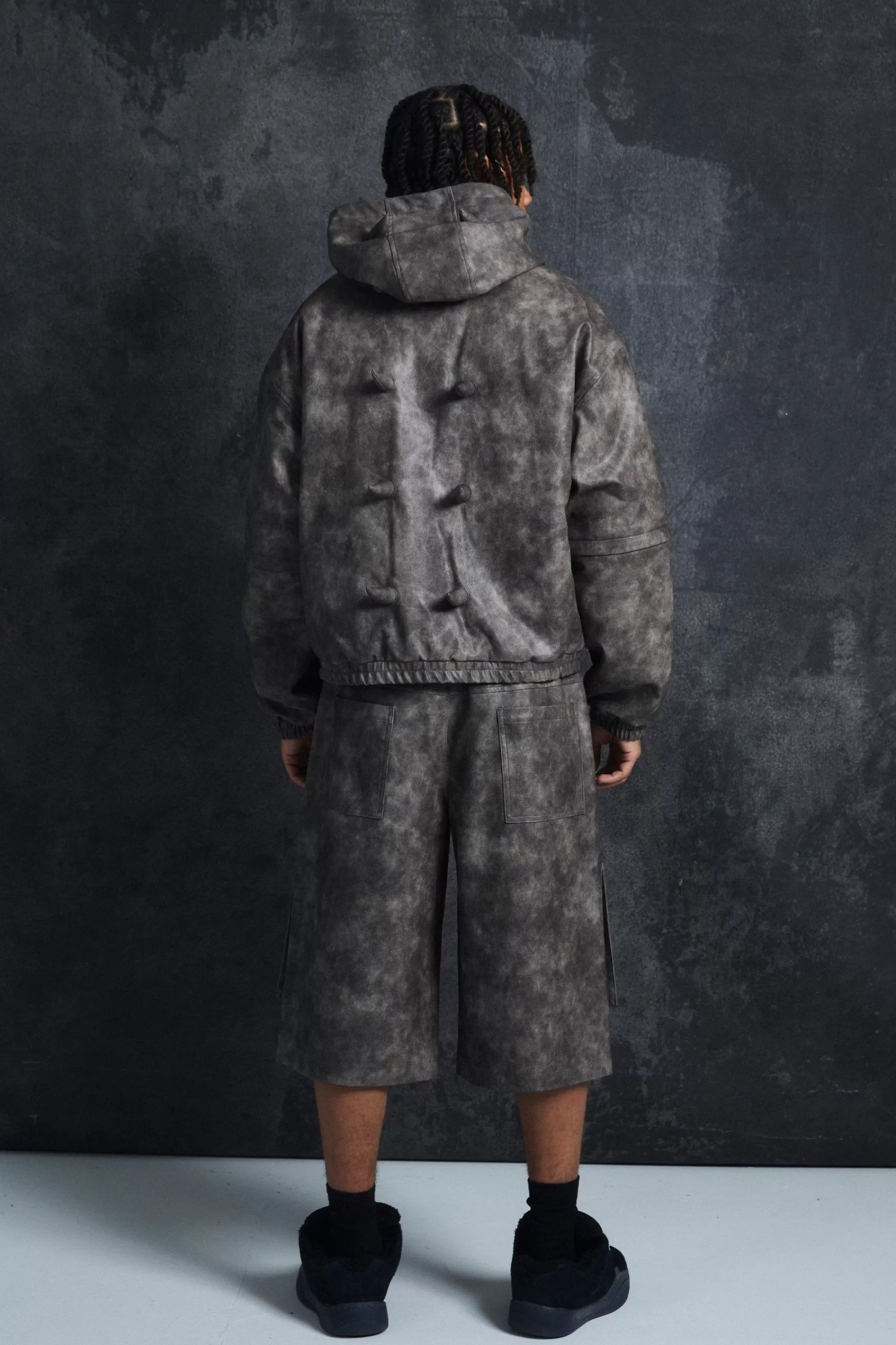 boohooMAN Trippie Redd Relaxed Longline Washed PU Cargo Jorts In | UK