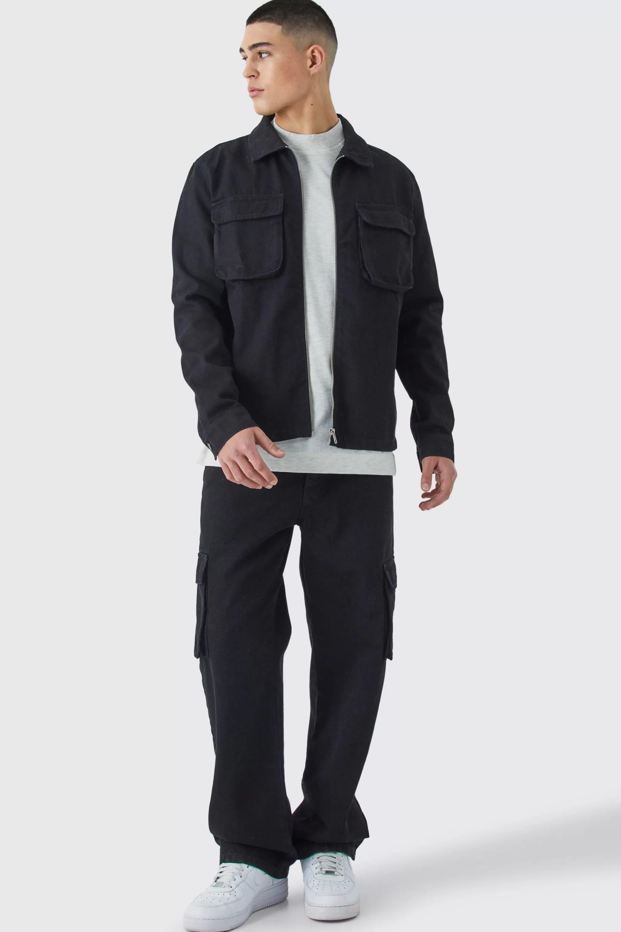 boohooMAN Twill Cargo Overshirt & Trouser | UK
