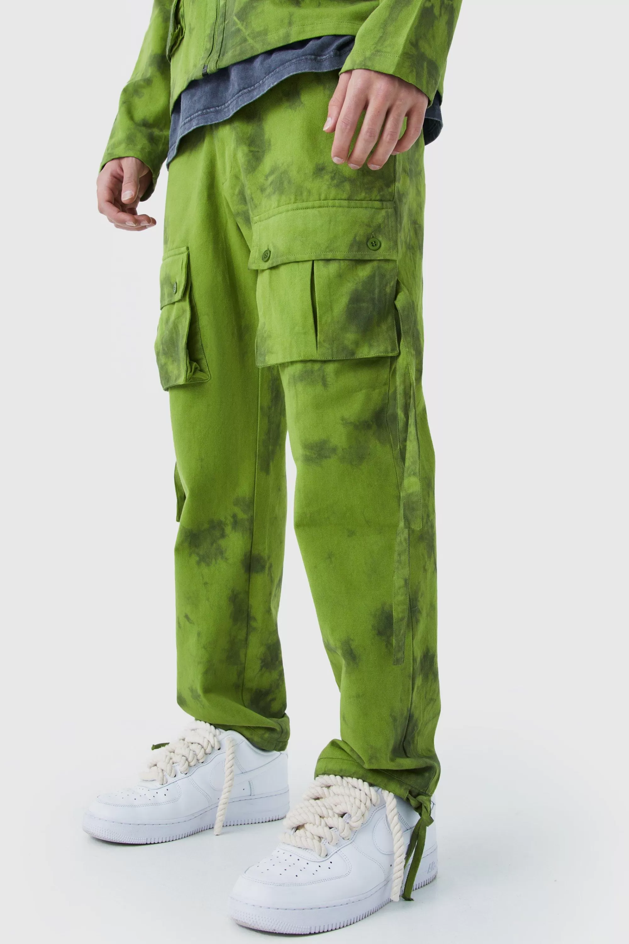 boohooMAN Twill Tie Dye Fixed Waist Straight Leg Cargo Trouser | UK