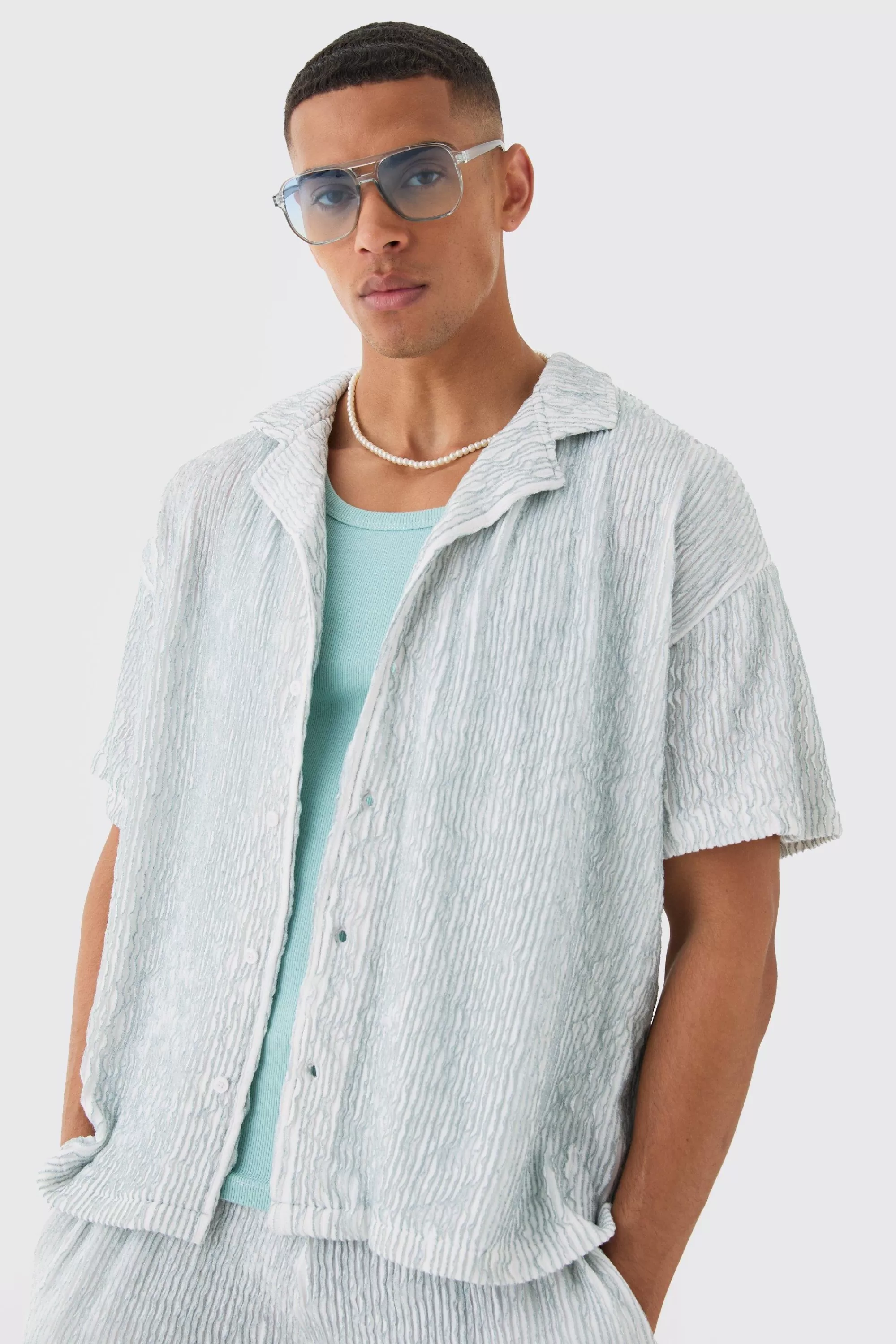 boohooMAN Two Tone Boxy Ripple Pleated Shirt | UK