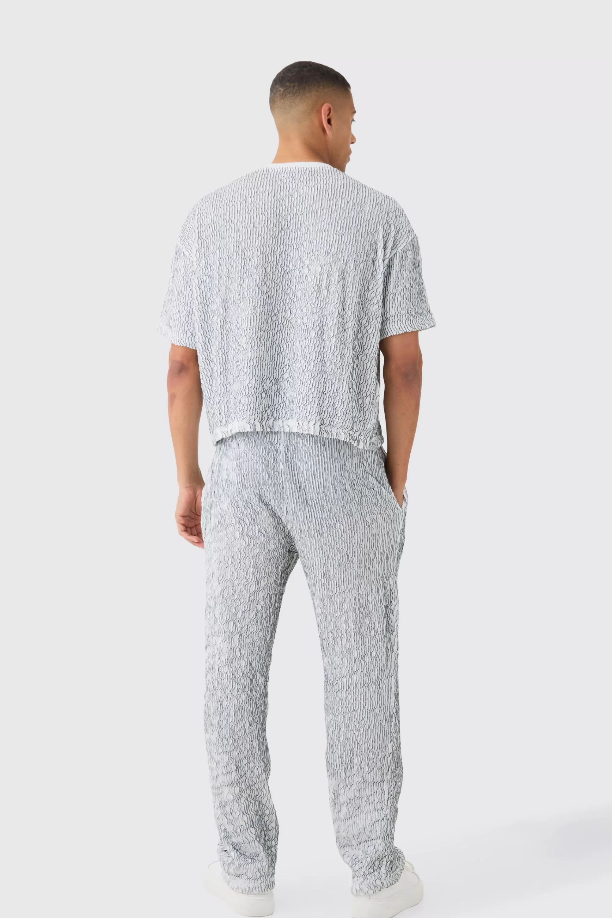 boohooMAN Two Tone Boxy Ripple Pleated T-shirt & Trouser | UK
