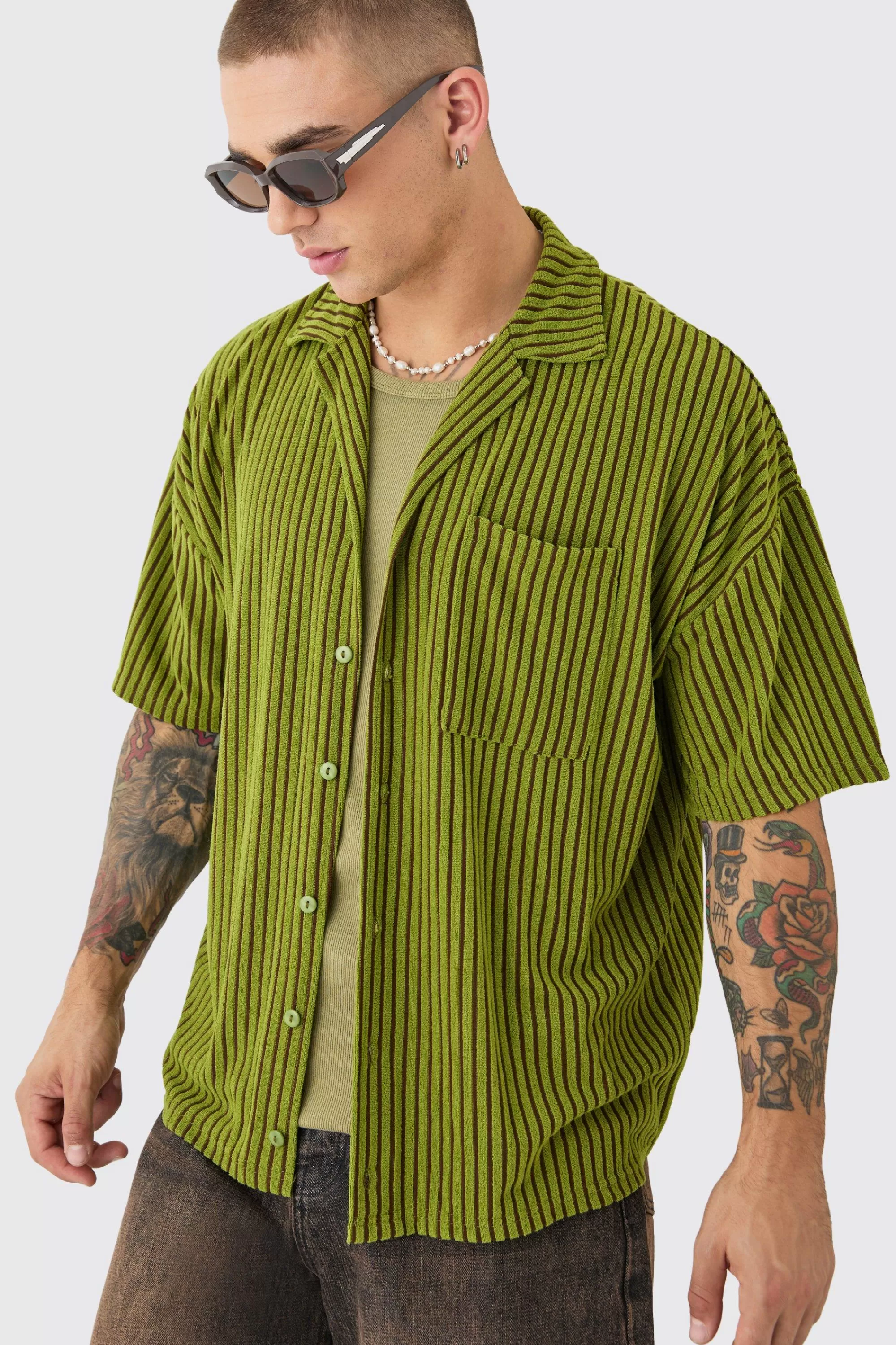 boohooMAN Two Tone Towelling Boxy Shirt | UK