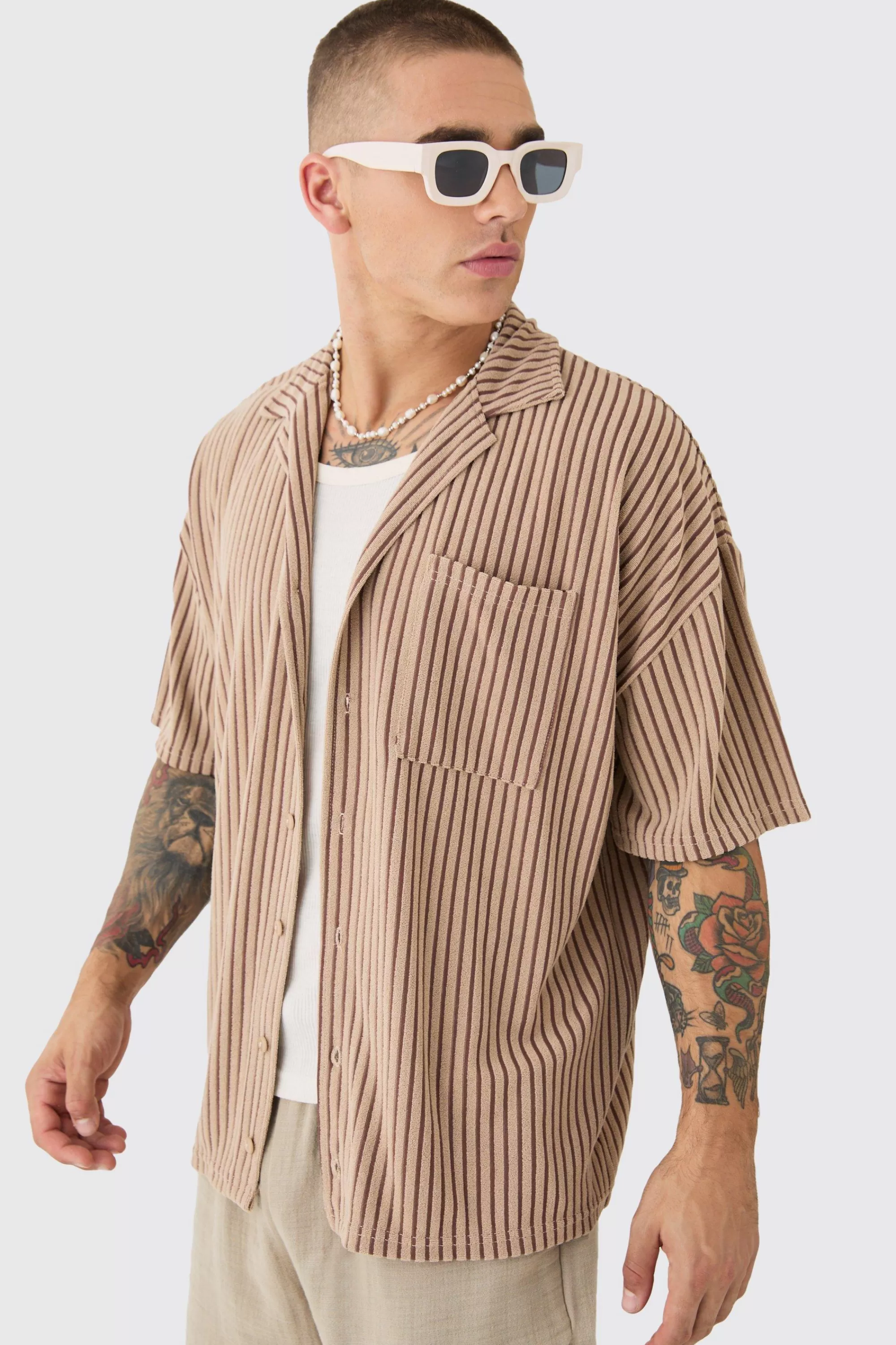 boohooMAN Two Tone Towelling Boxy Shirt | UK