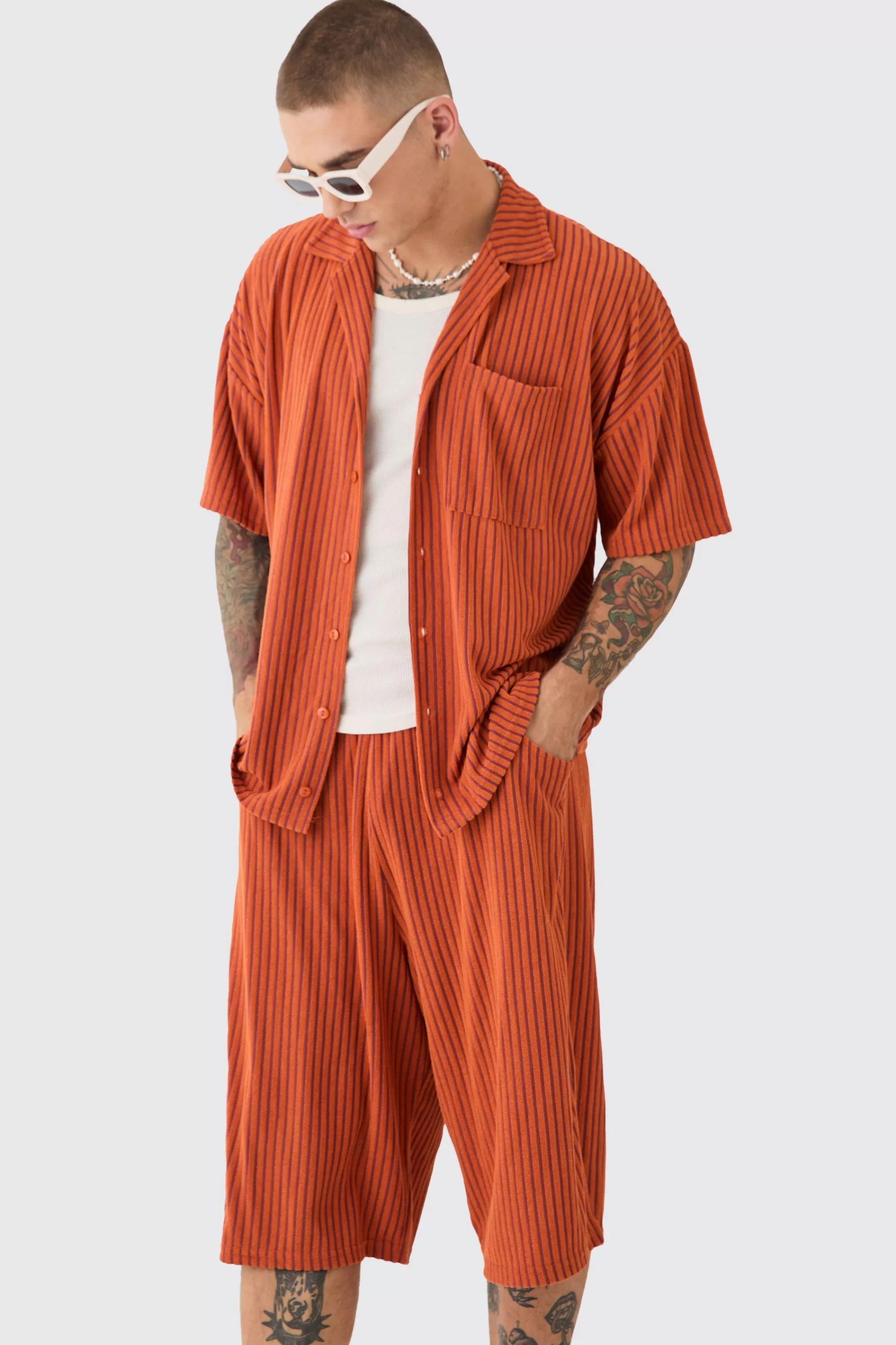 boohooMAN Two Tone Towelling Boxy Shirt And Short Set | UK