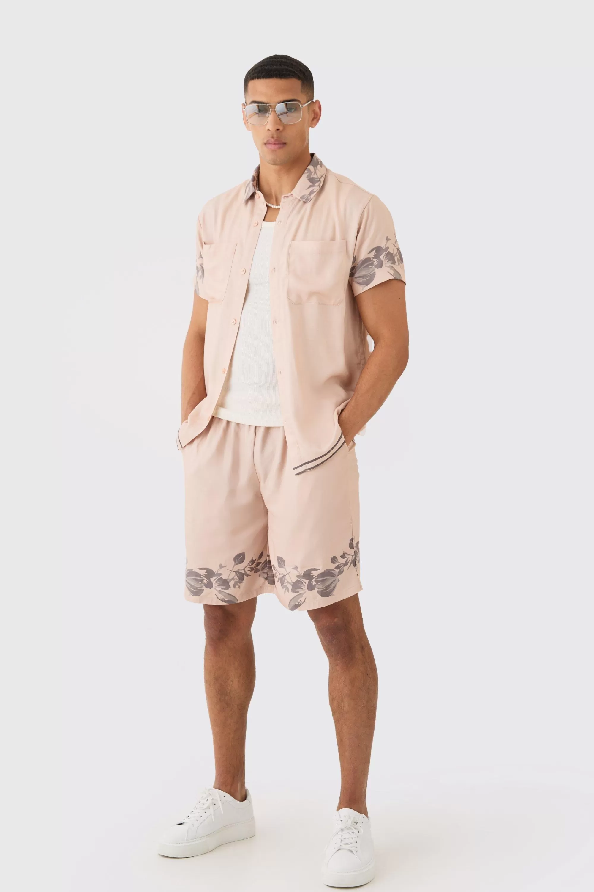 boohooMAN Viscose Tonal Back Detail Shirt & Short | UK