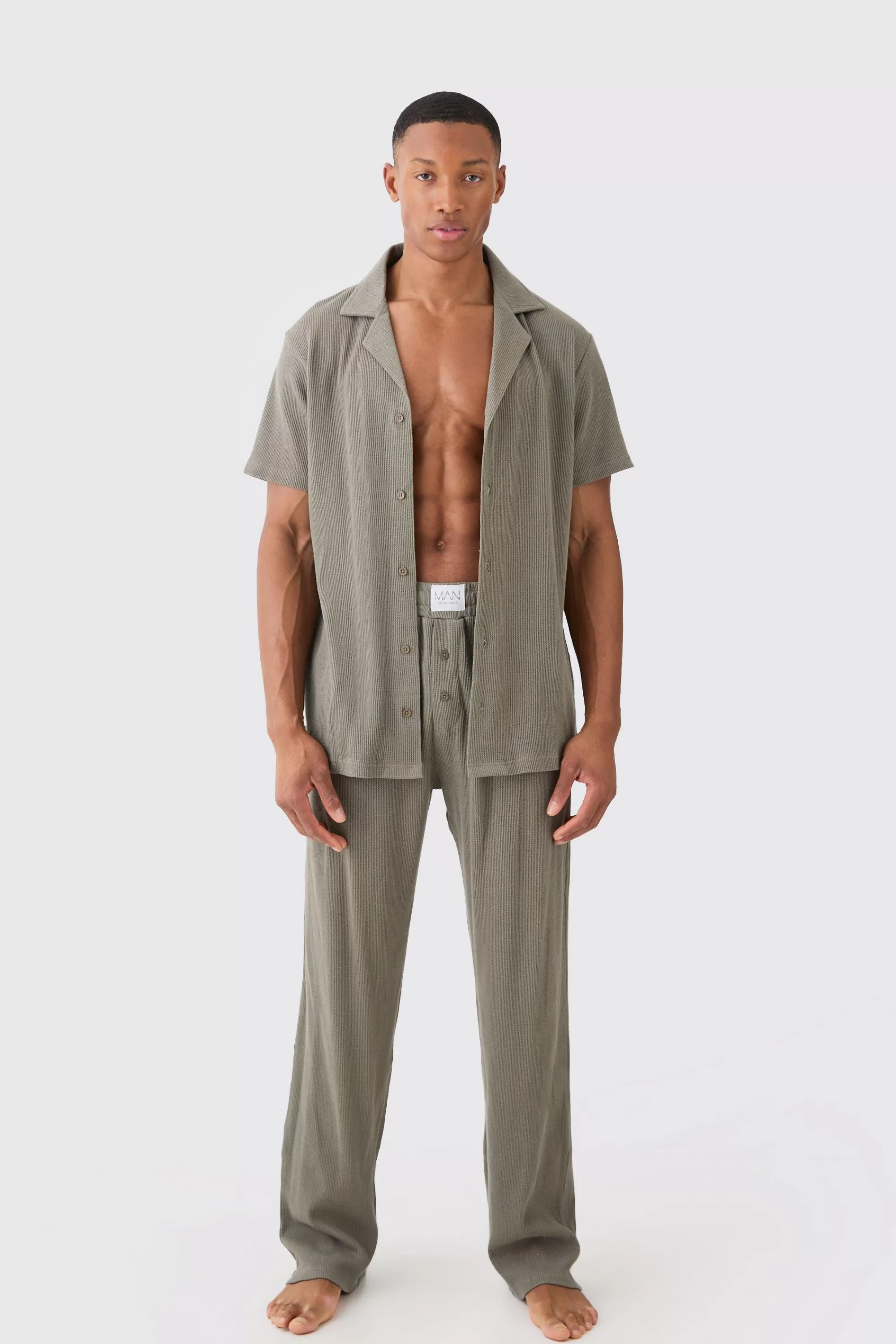 boohooMAN Waffle Lounge Shirt & Relaxed Bottom Set In | UK