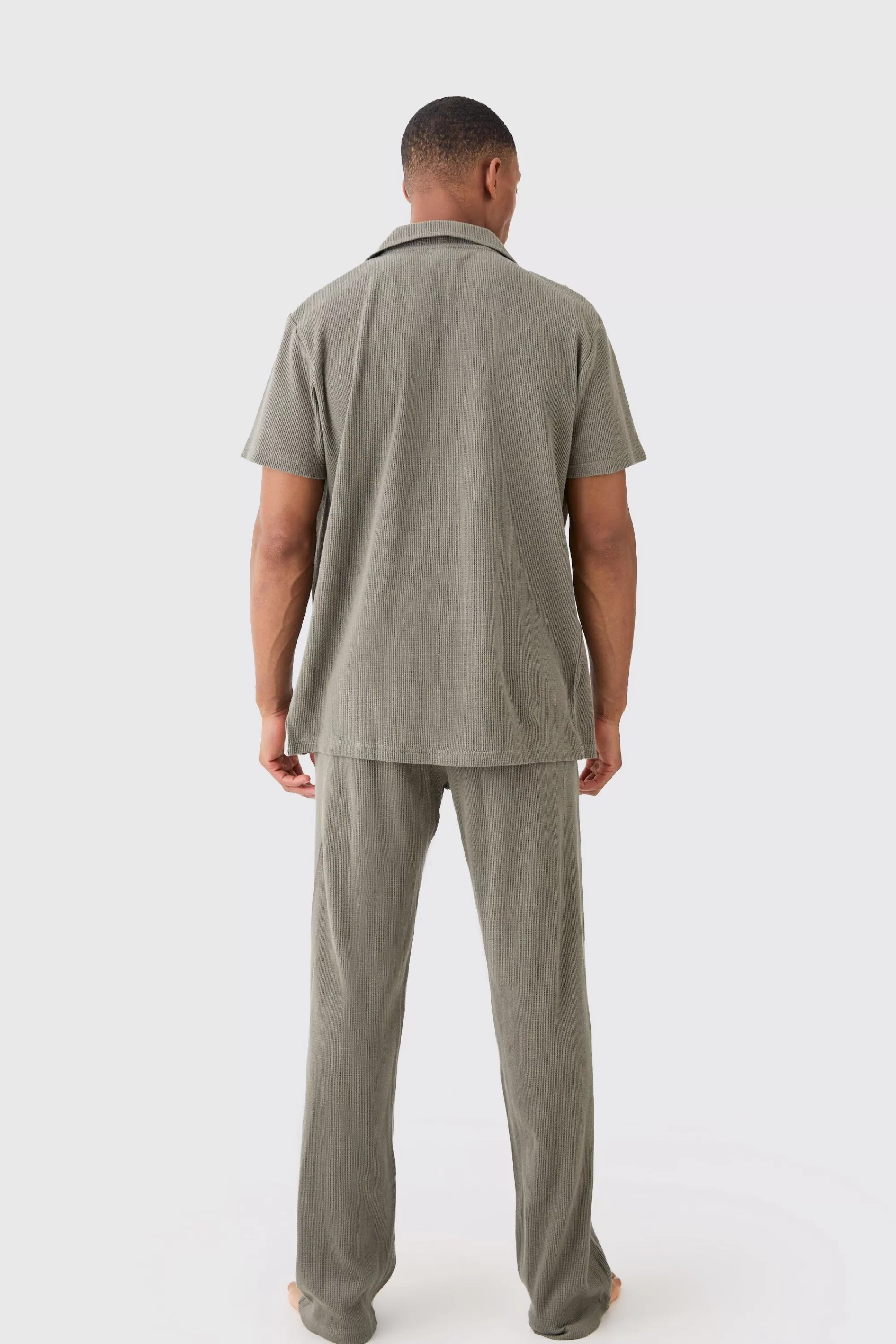 boohooMAN Waffle Lounge Shirt & Relaxed Bottom Set In | UK