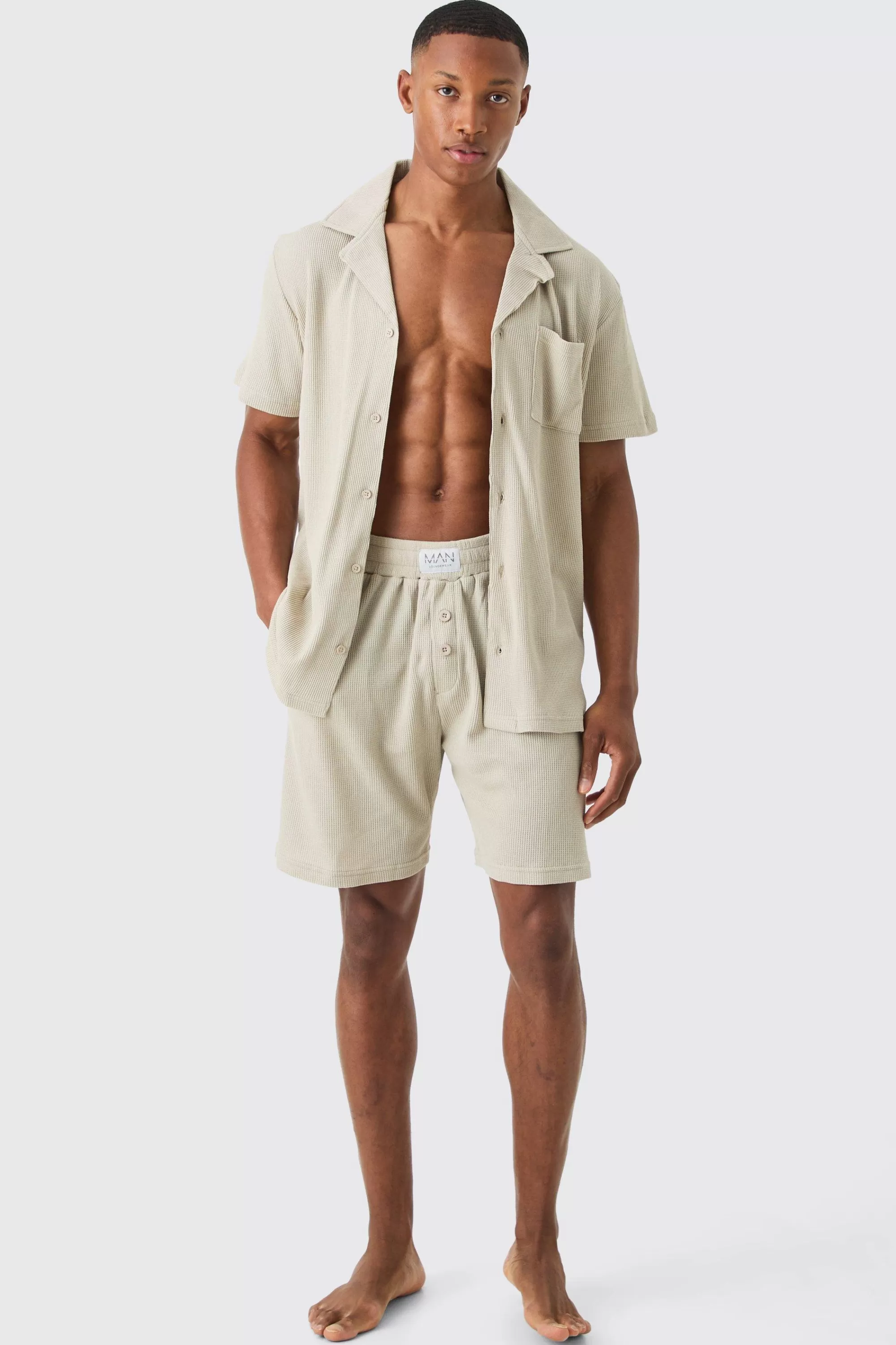 boohooMAN Waffle Lounge Shirt & Short Set In | UK