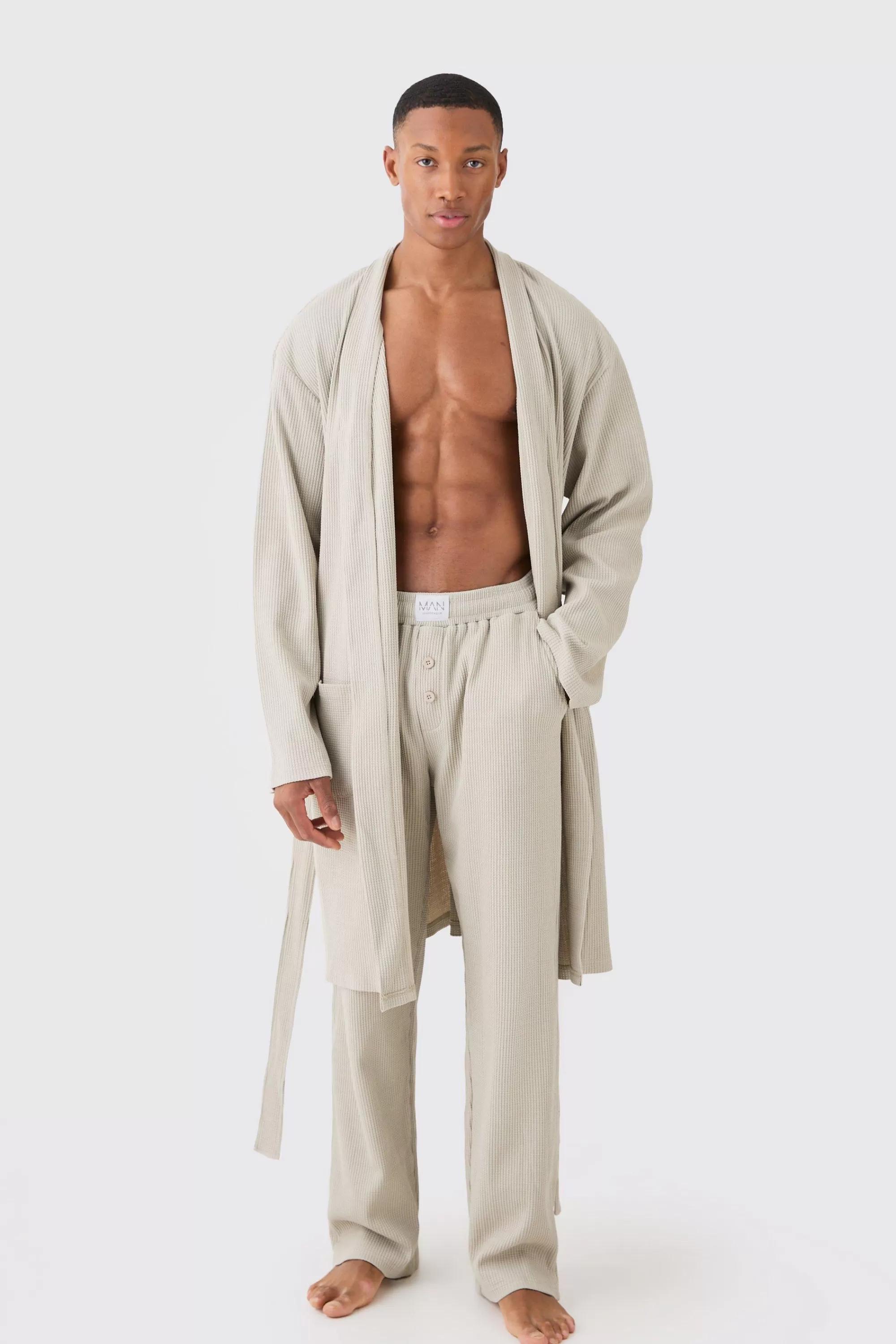 boohooMAN Waffle Robe & Relaxed Fit Bottoms In | UK
