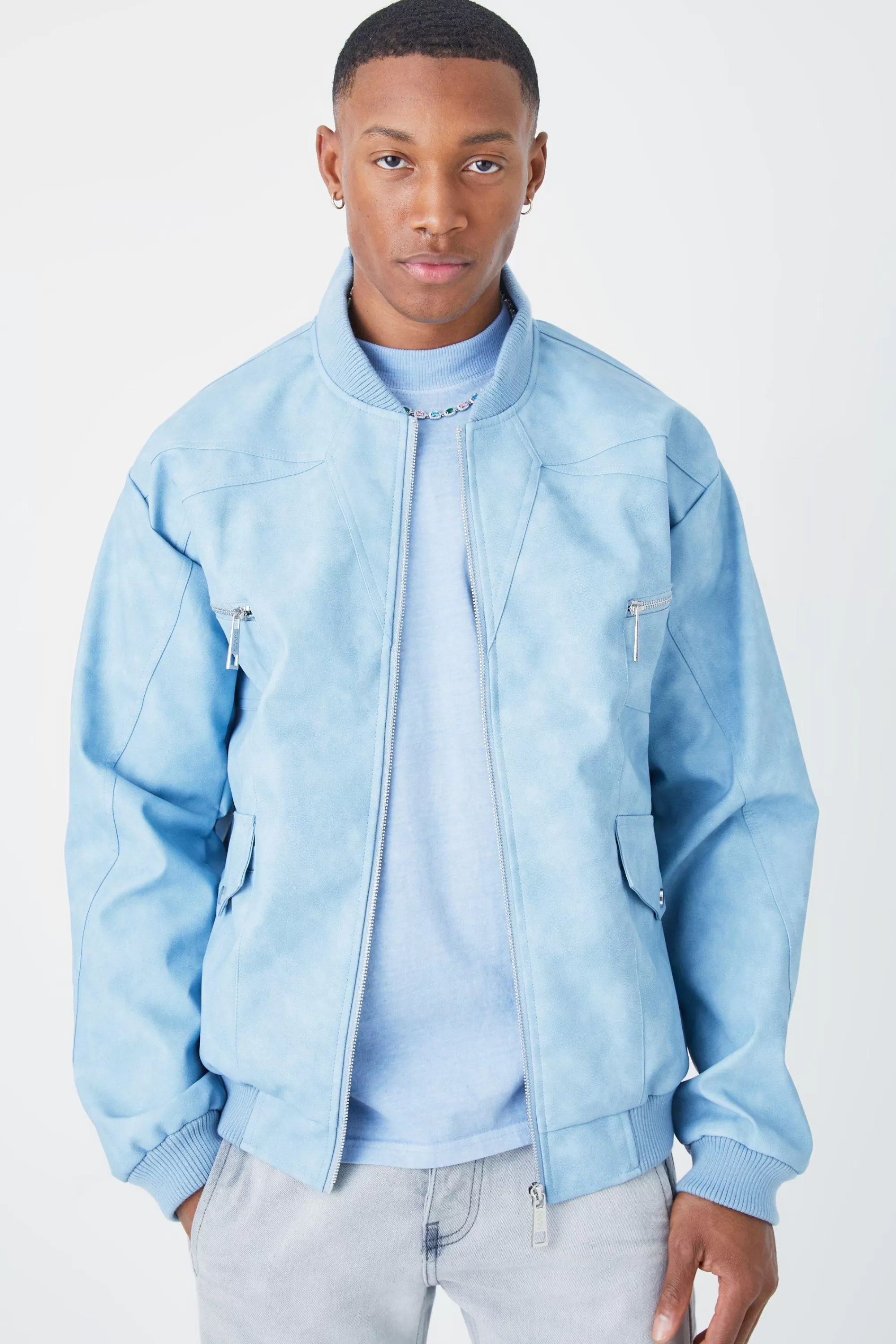 boohooMAN Washed Pu Panel Detail Bomber | UK
