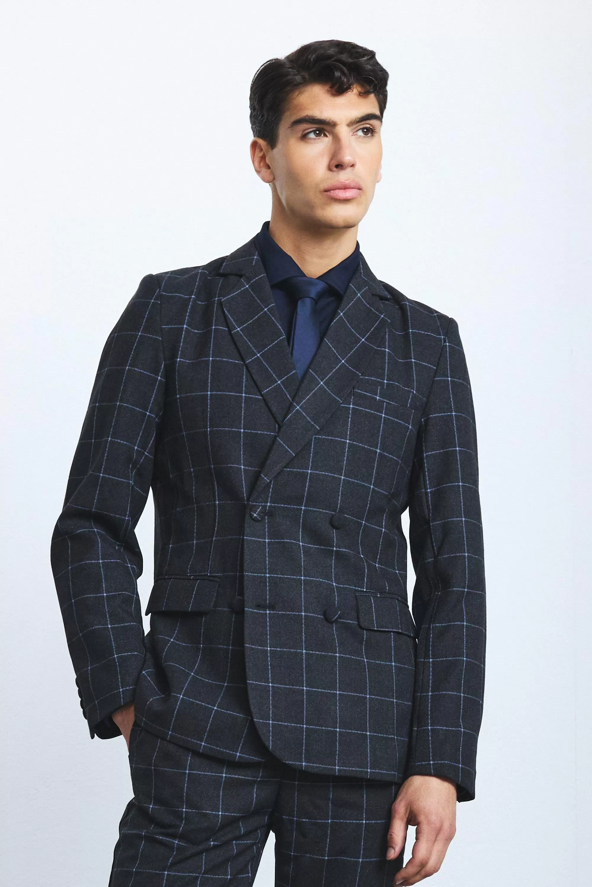 boohooMAN Window Check Double Breasted Slim Fit Blazer | UK