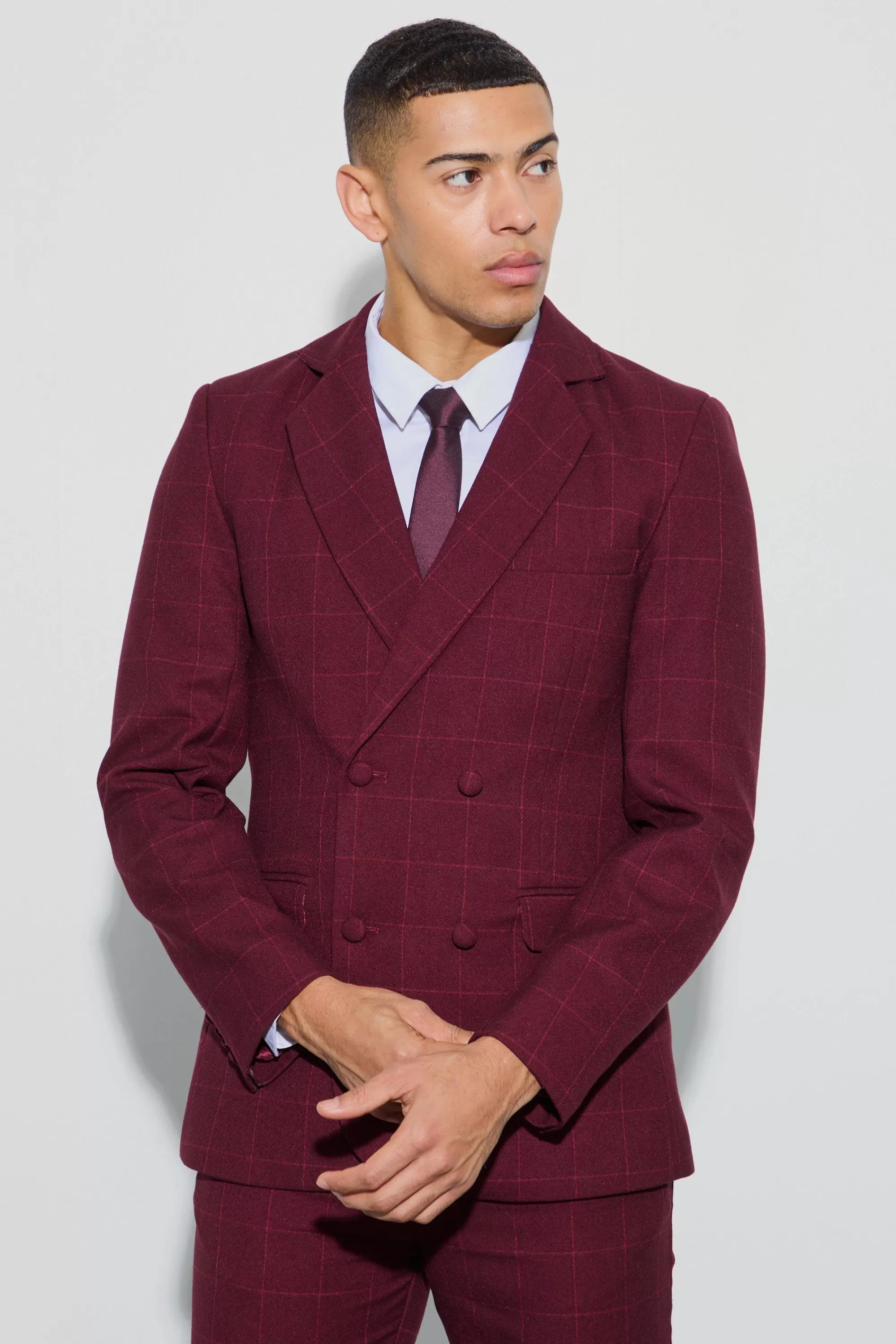 boohooMAN Window Check Double Breasted Slim Fit Blazer | UK