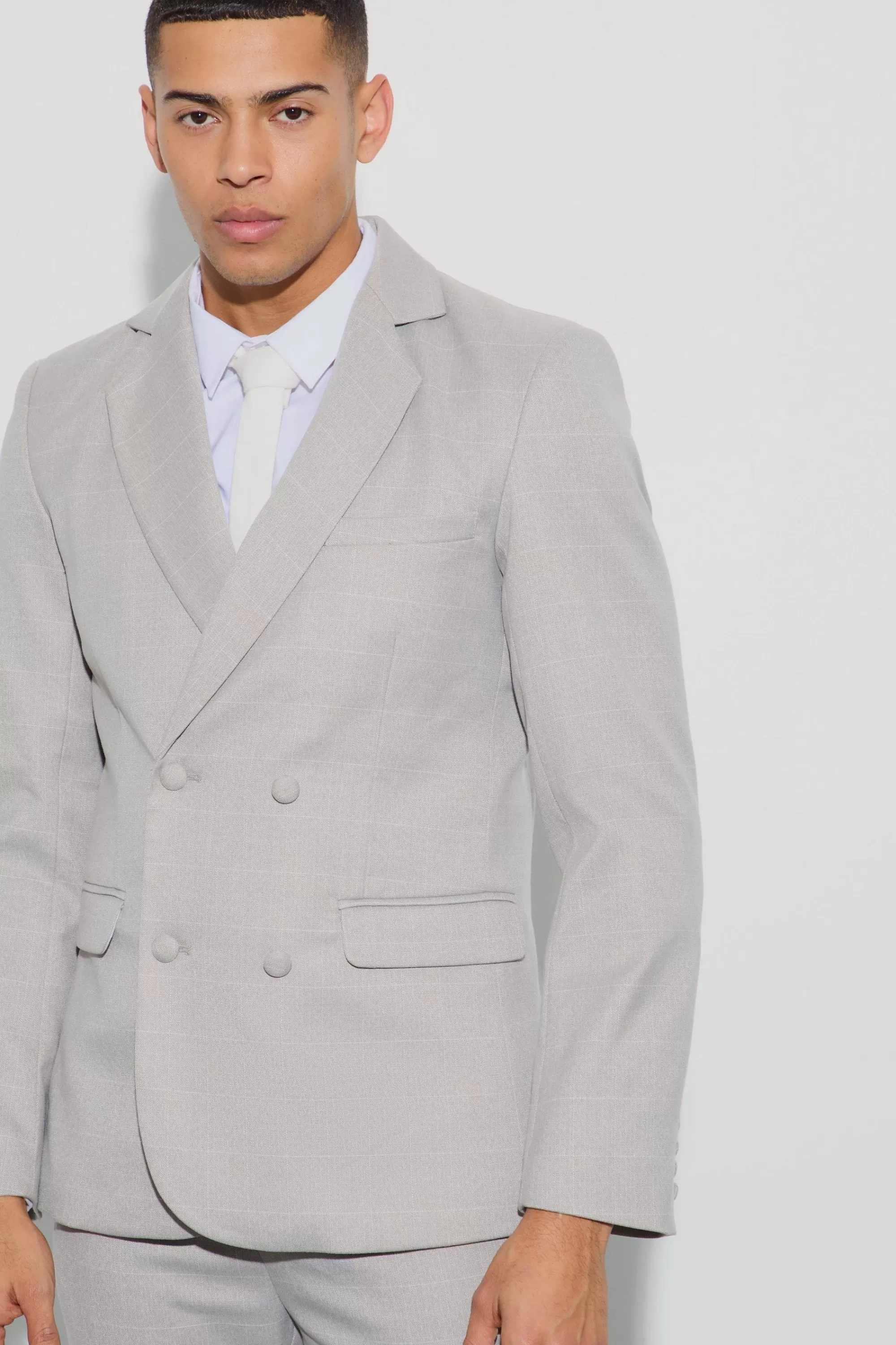 boohooMAN Window Check Double Breasted Slim Fit Blazer | UK