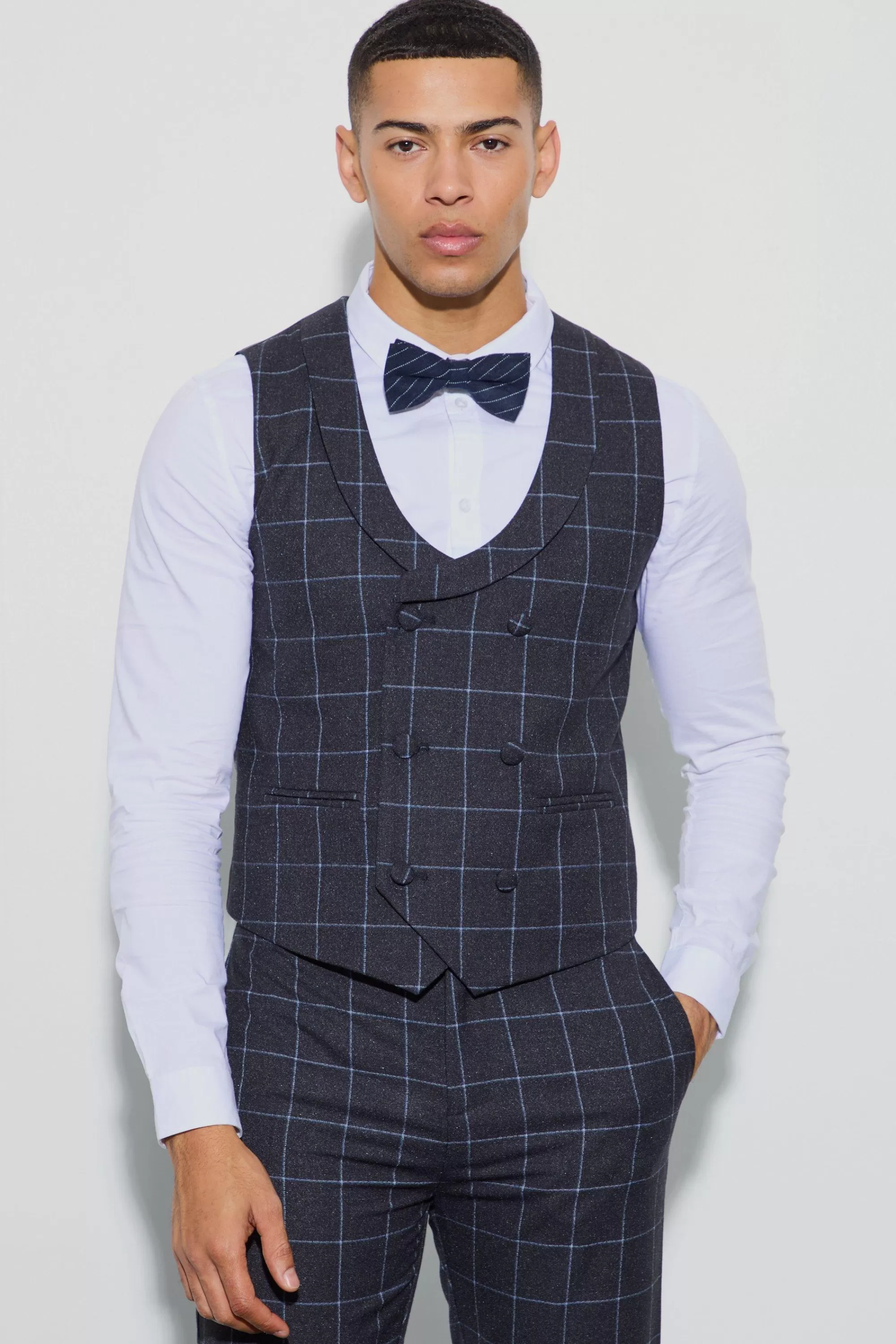 boohooMAN Window Check Double Breasted Waistcoat | UK