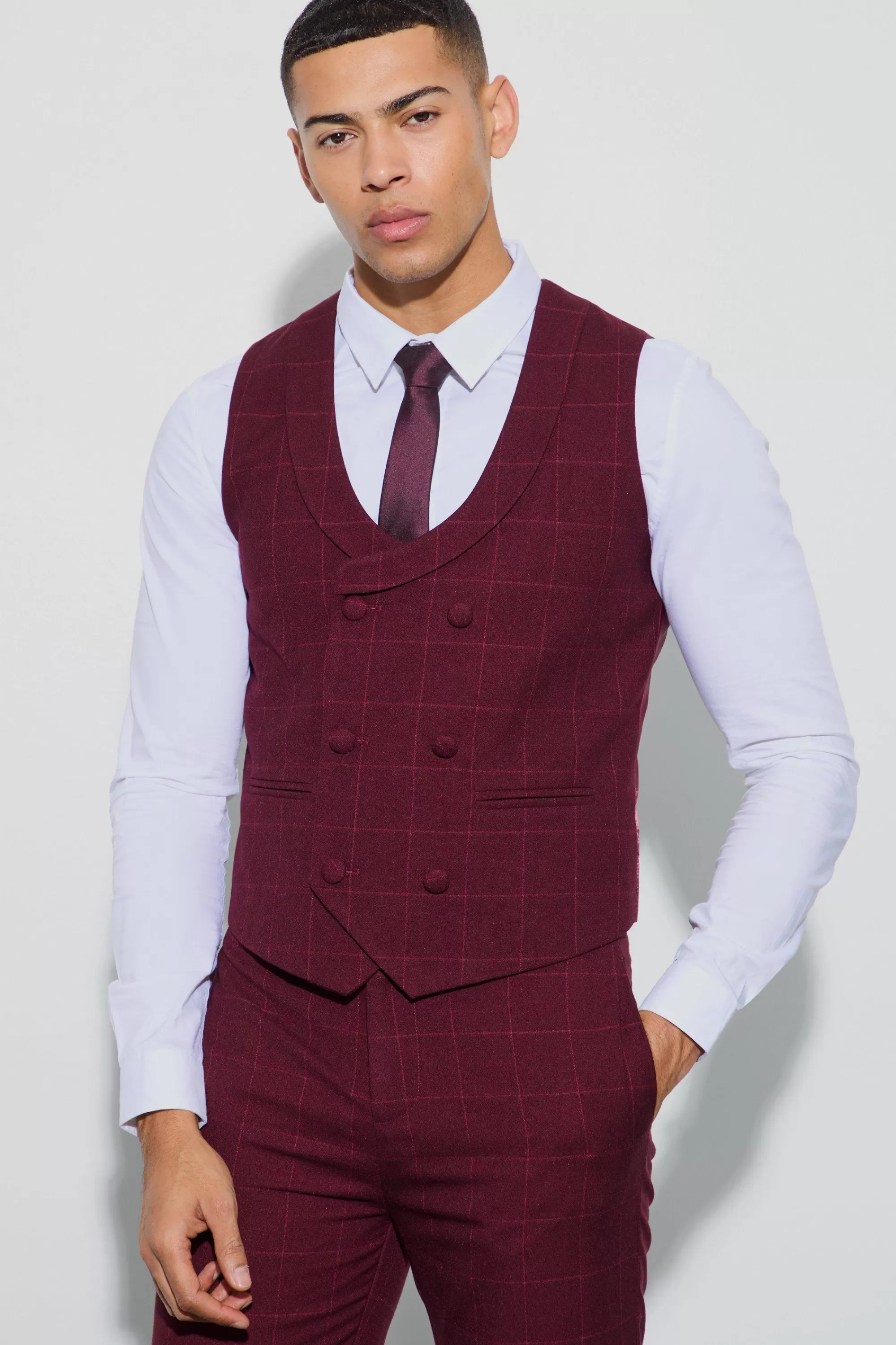 boohooMAN Window Check Double Breasted Waistcoat | UK