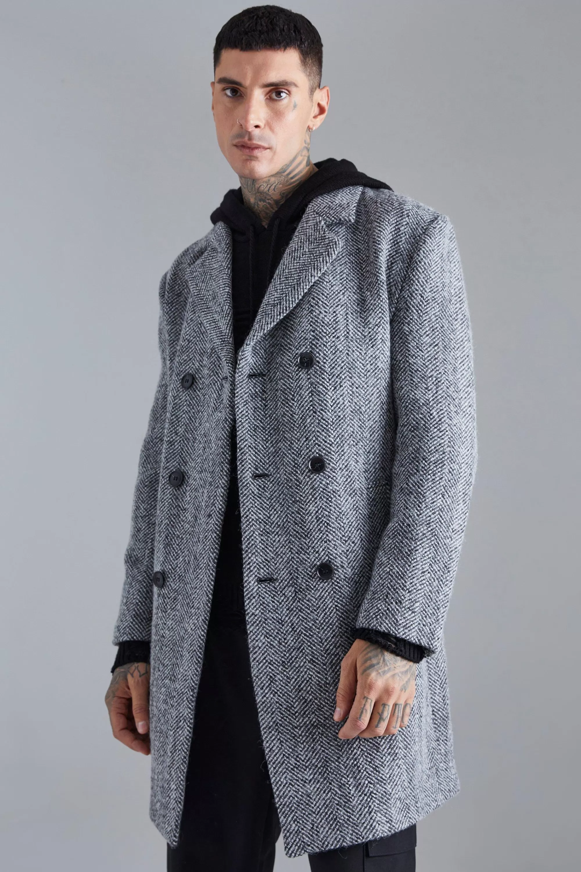 boohooMAN Wool Blend Herringbone Overcoat | UK