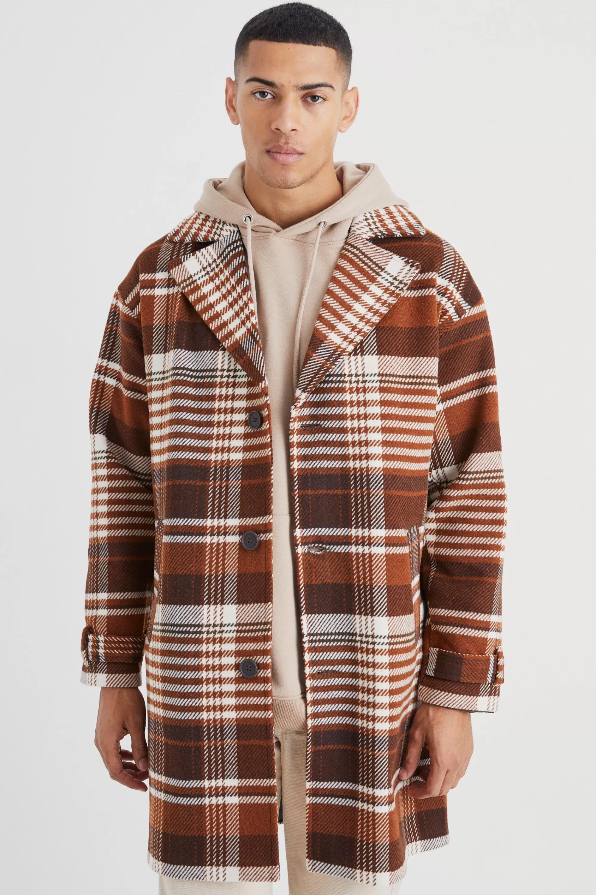 boohooMAN Wool Look Check Single Breasted Overcoat | UK