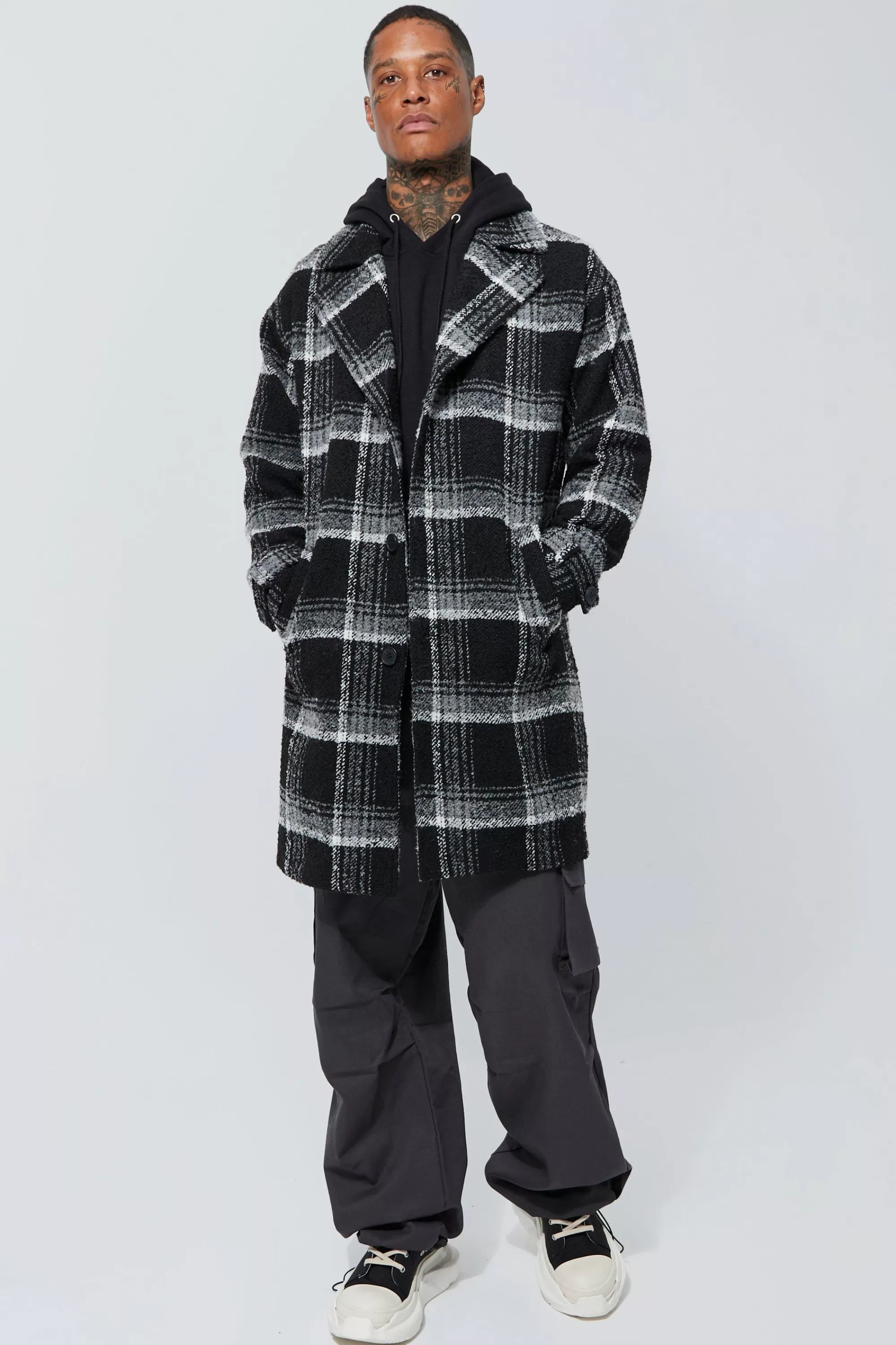 boohooMAN Wool Look Check Single Breasted Overcoat | UK
