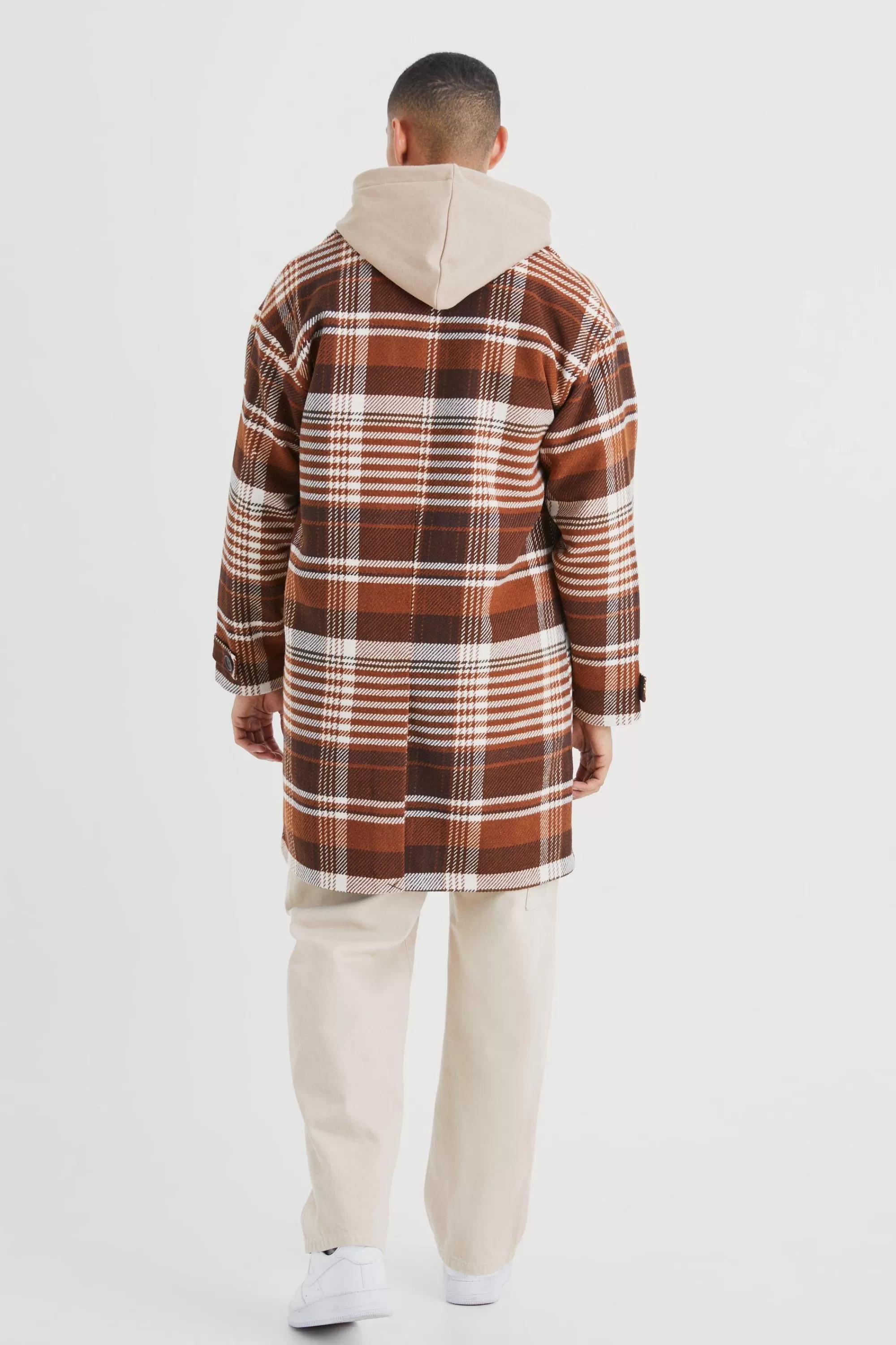 boohooMAN Wool Look Check Single Breasted Overcoat | UK