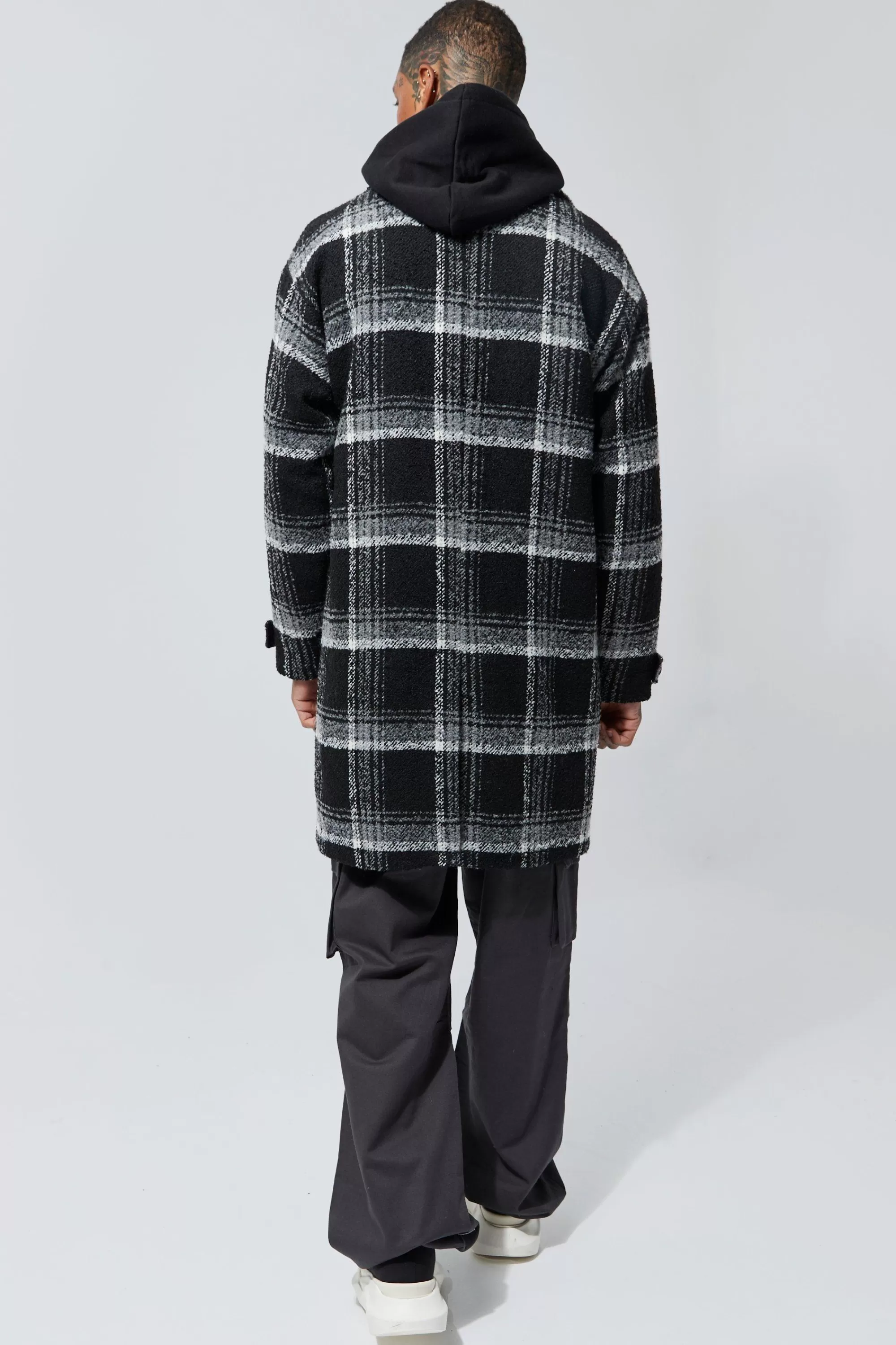 boohooMAN Wool Look Check Single Breasted Overcoat | UK