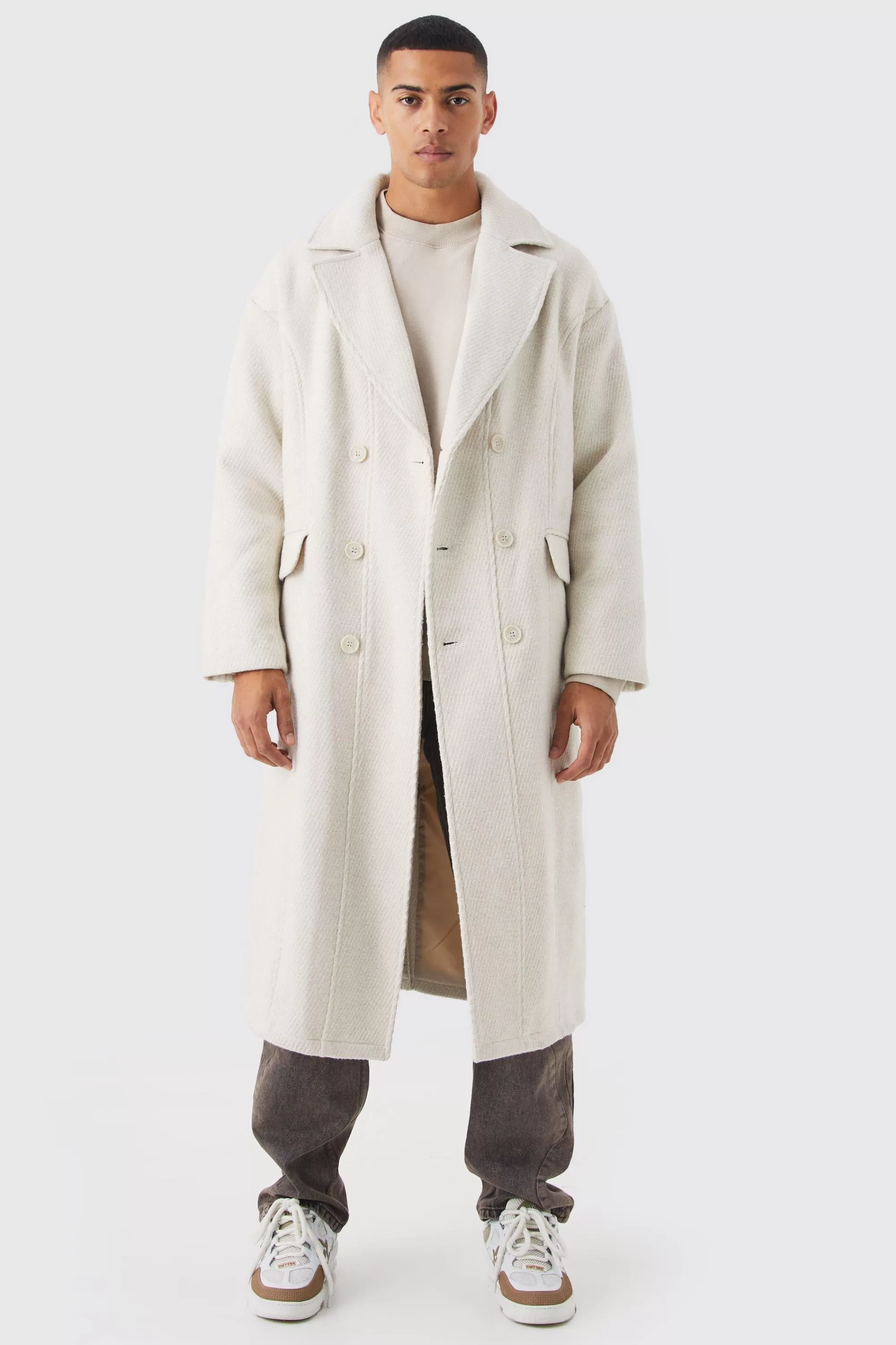 boohooMAN Wool Look Double Breasted Textured Overcoat | UK