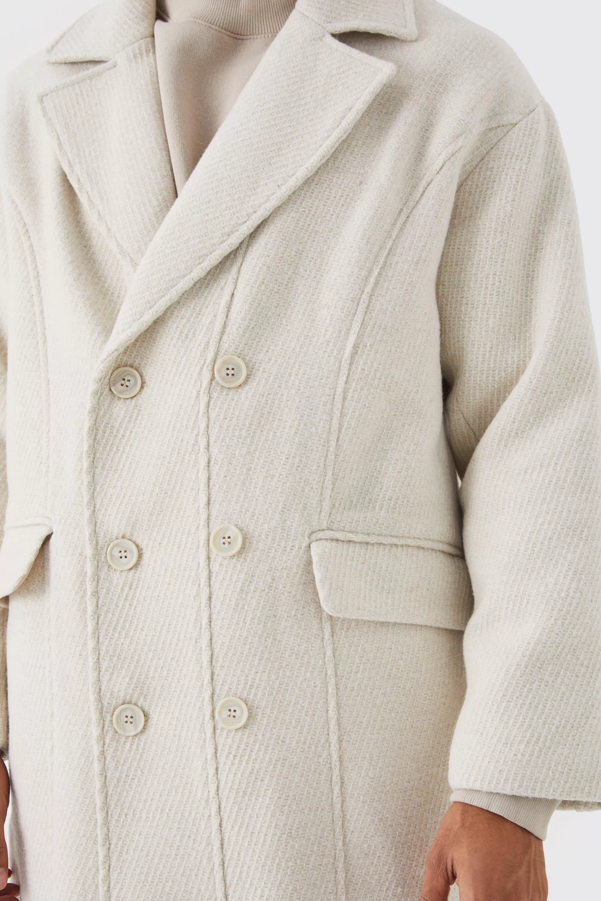 boohooMAN Wool Look Double Breasted Textured Overcoat | UK