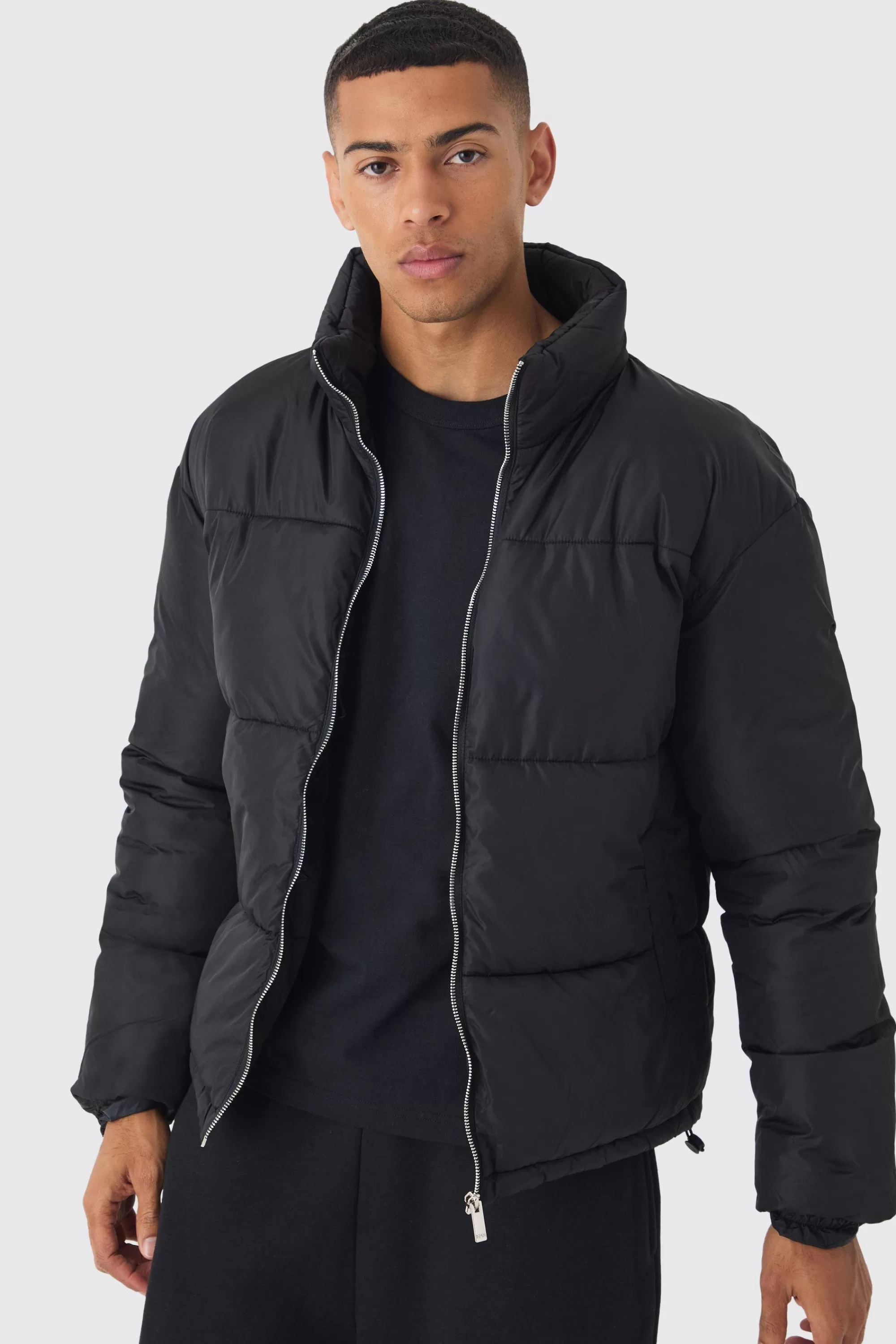 boohooMAN Worldwide Applique Funnel Neck Puffer In | UK