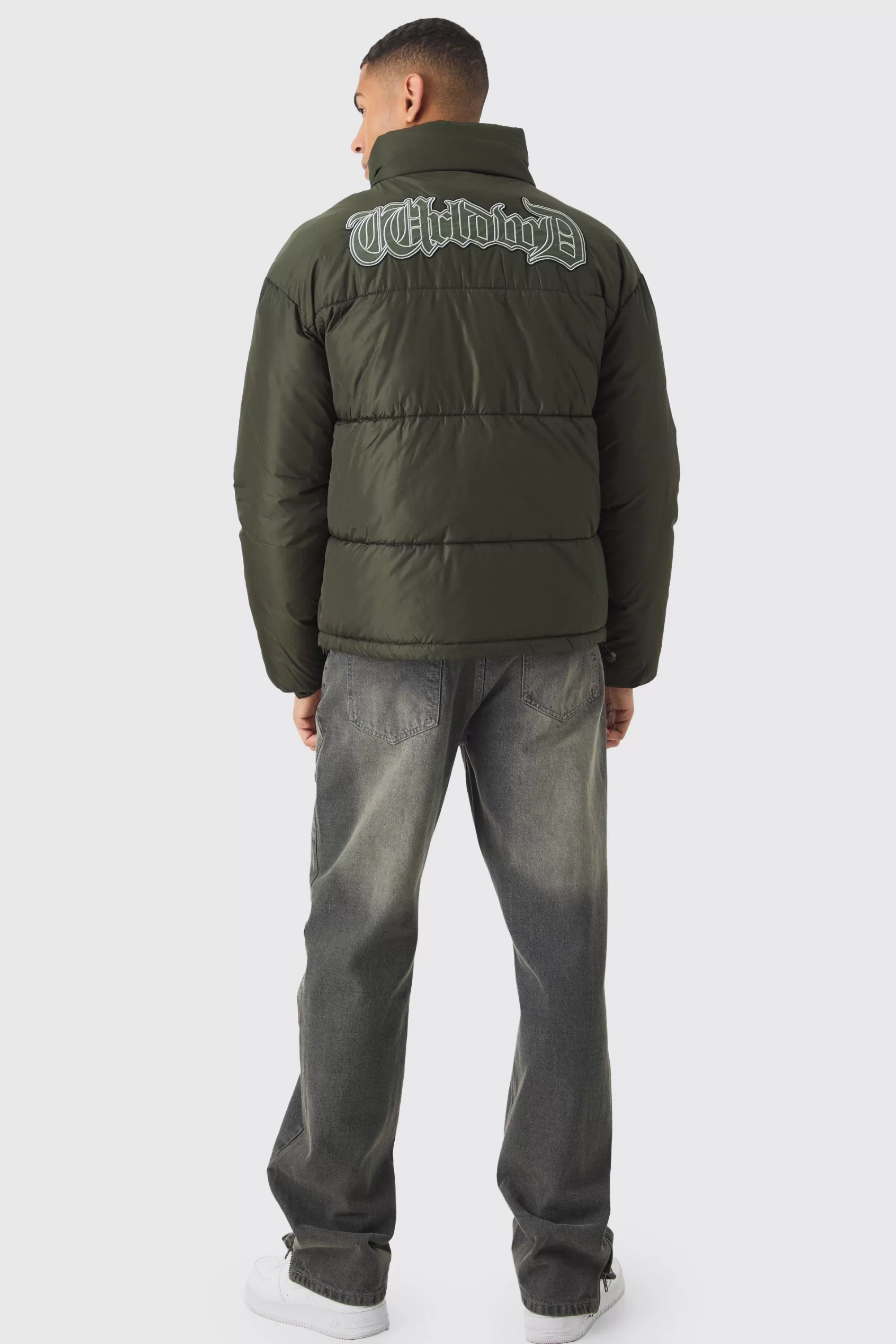 boohooMAN Worldwide Applique Funnel Neck Puffer In | UK
