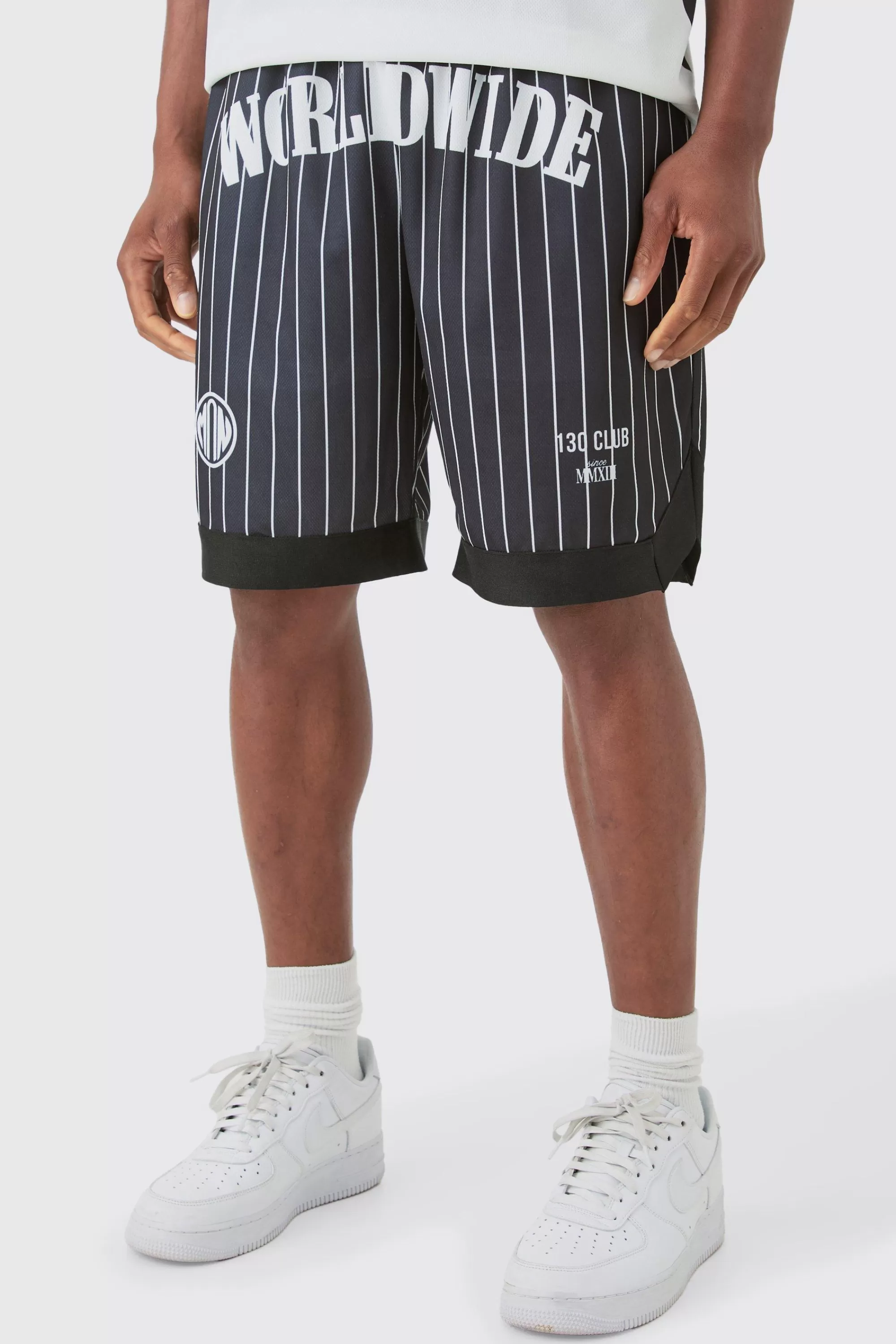 boohooMAN Worldwide Stripe Basketball Mesh Shorts | UK
