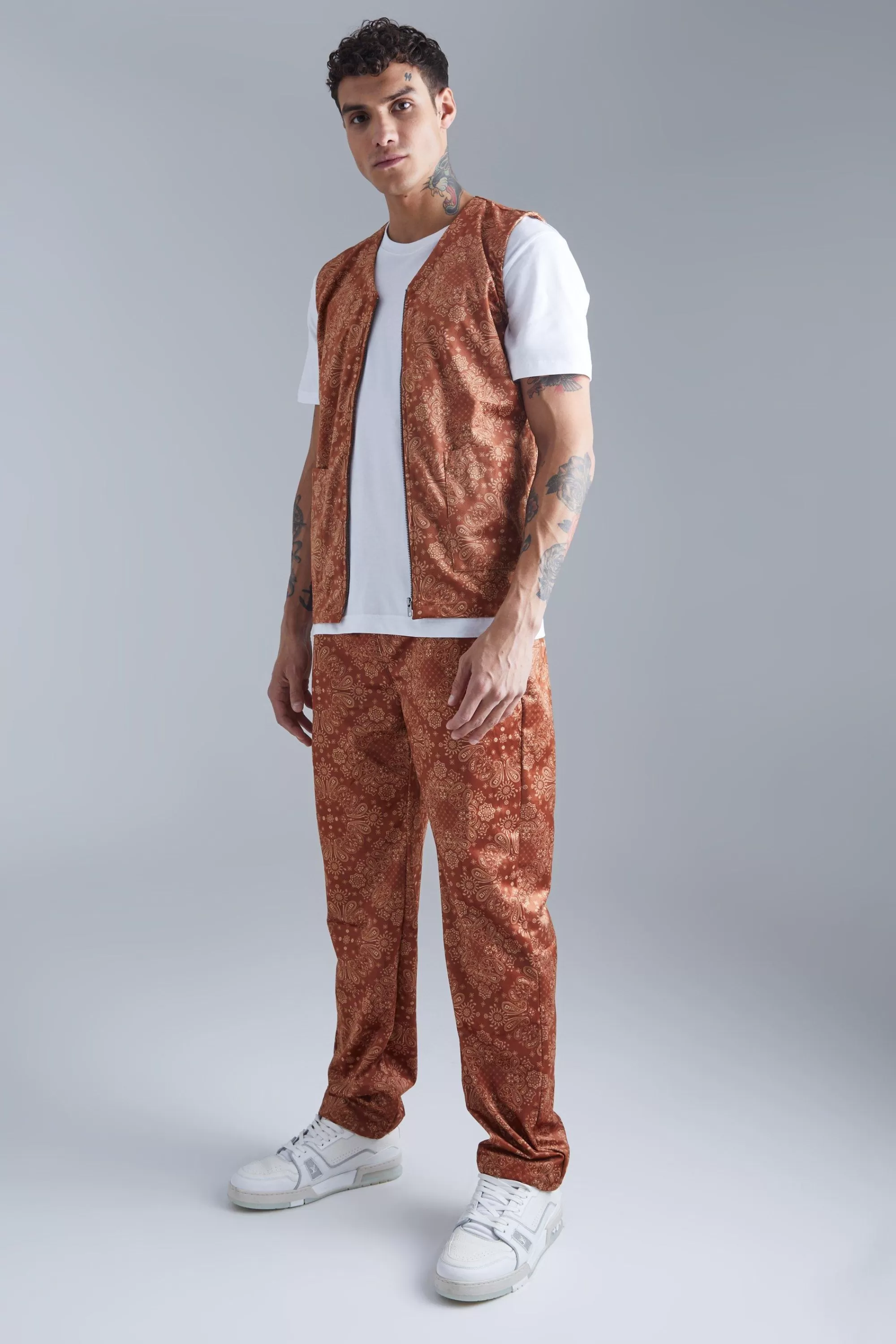 boohooMAN Woven Bandana Utility Vest And Straight Trouser | UK