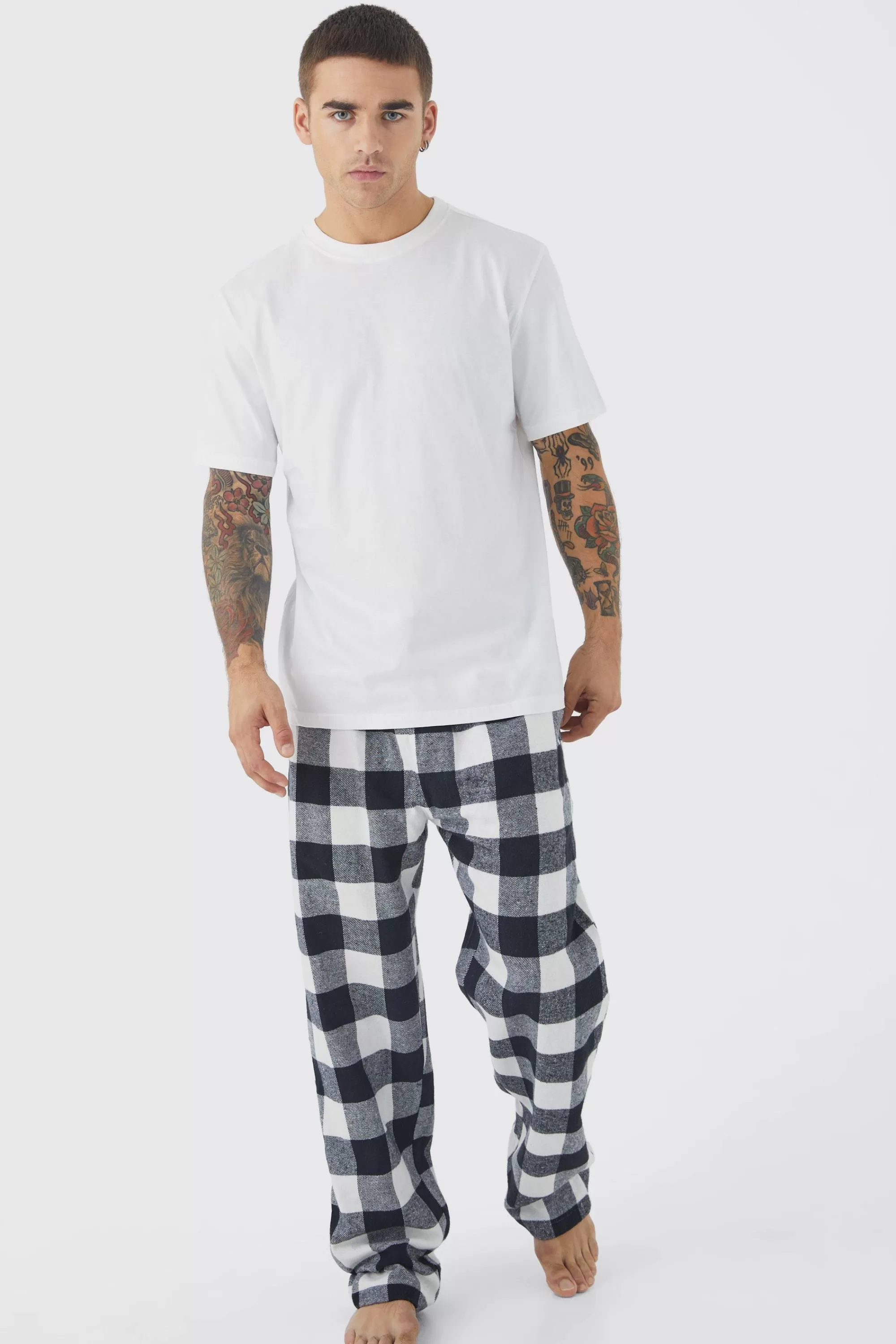 boohooMAN Woven Check Pyjama Bottoms And T-shirt Set | UK