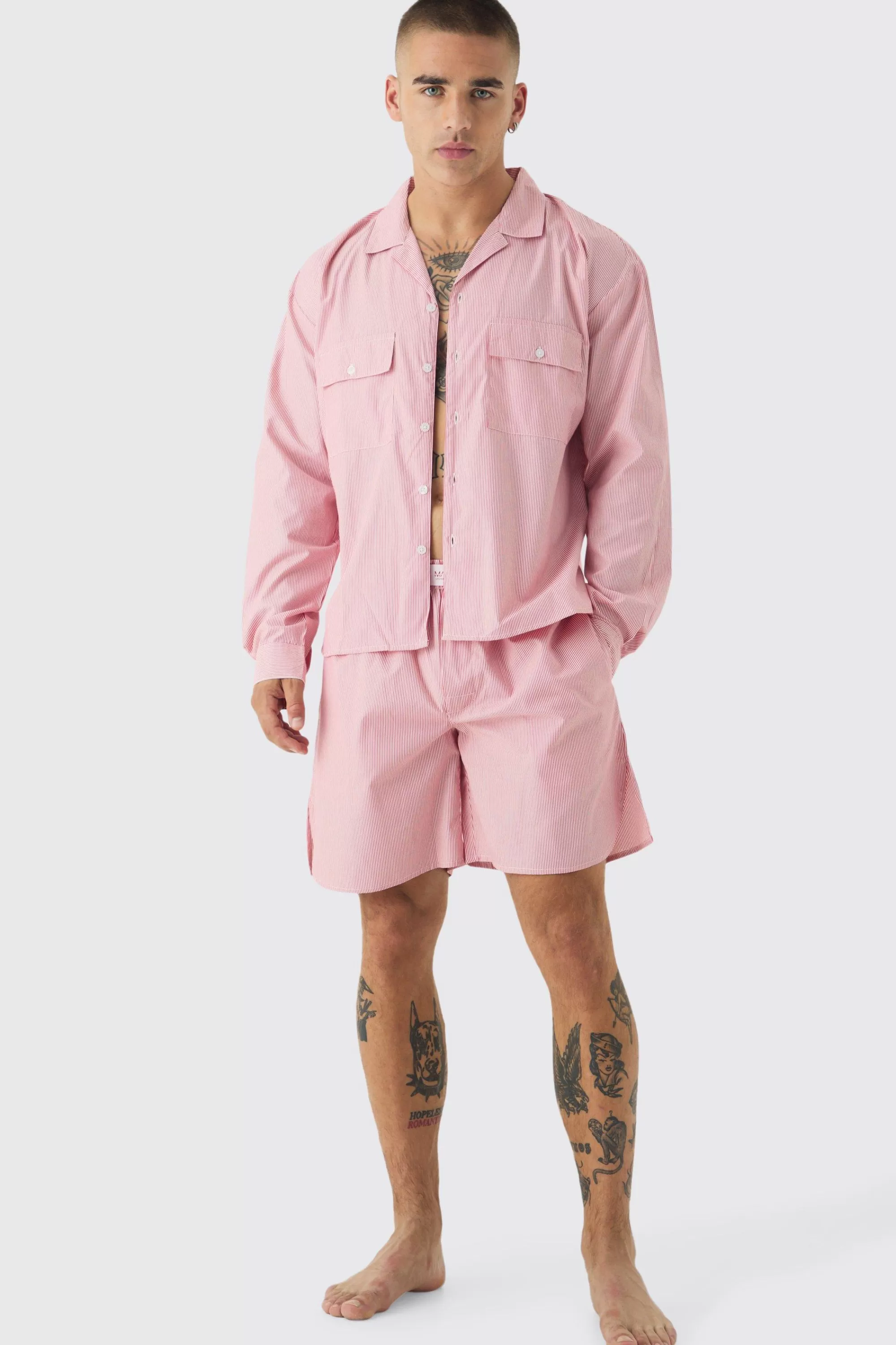 boohooMAN Woven Oversized Shirt & Short Lounge Set | UK