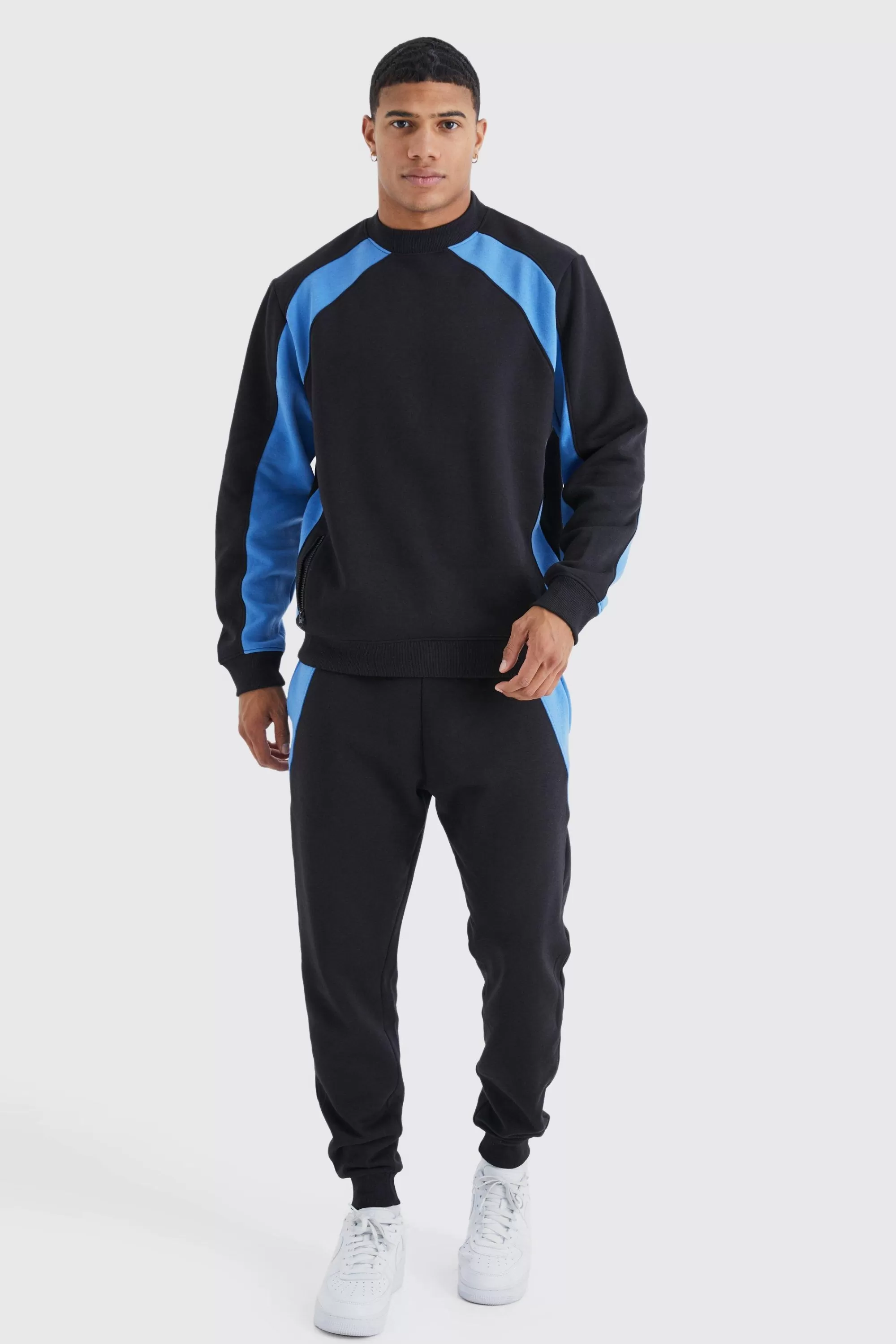 boohooMAN Zip Detail Colour Block Sweatshirt Tracksuit | UK