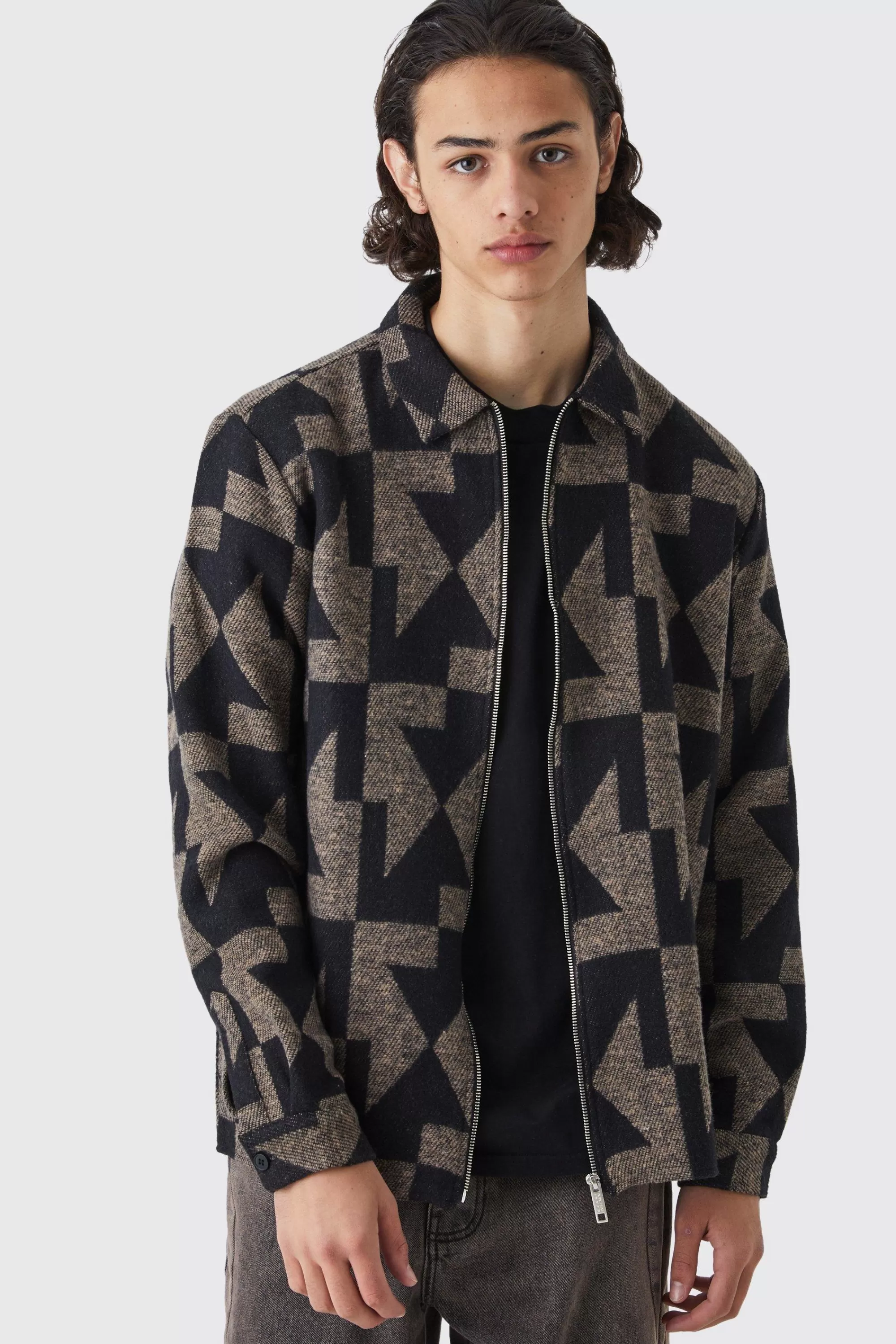 boohooMAN Zip Through Brushed Geometric Overshirt | UK