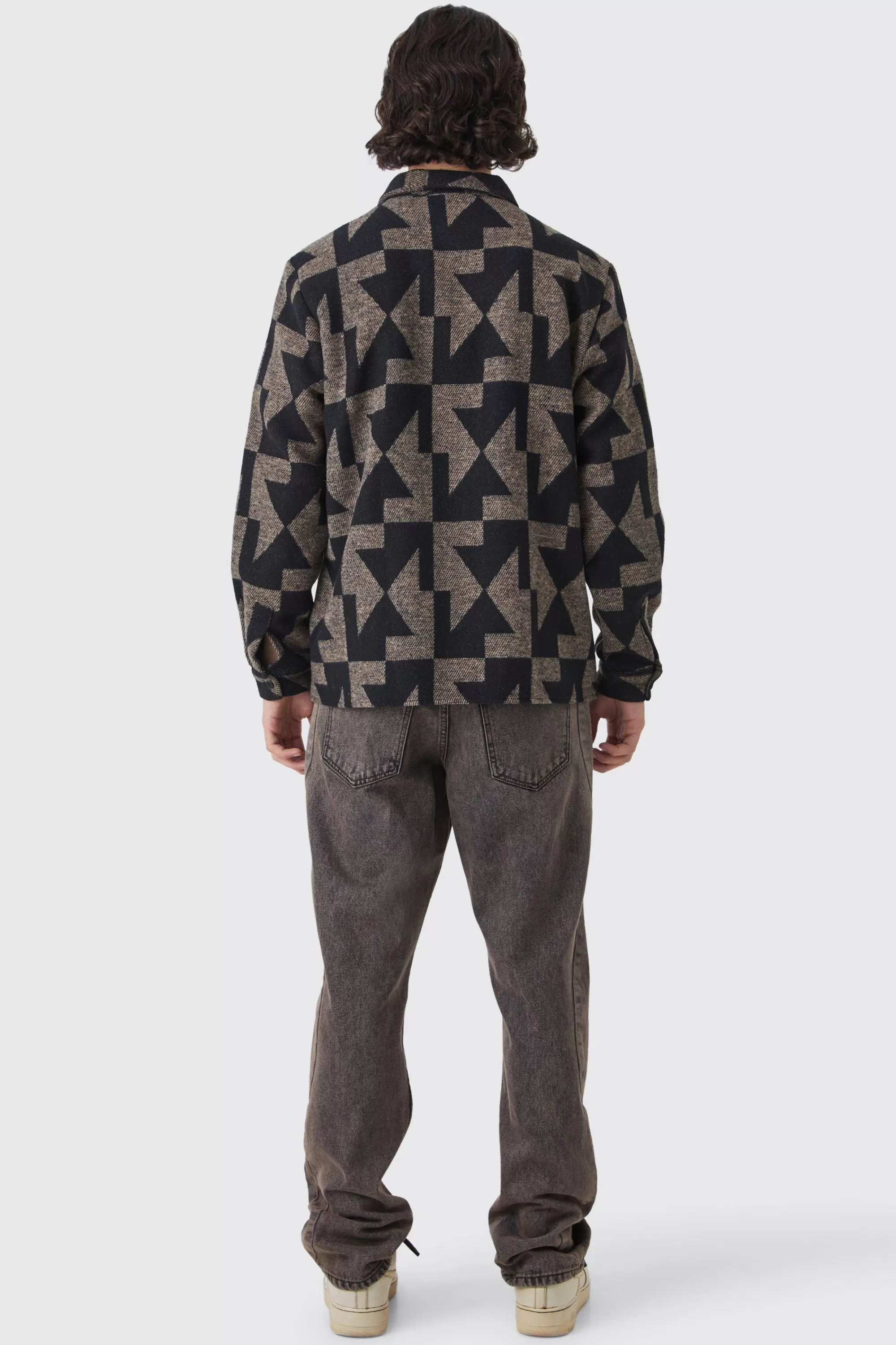 boohooMAN Zip Through Brushed Geometric Overshirt | UK