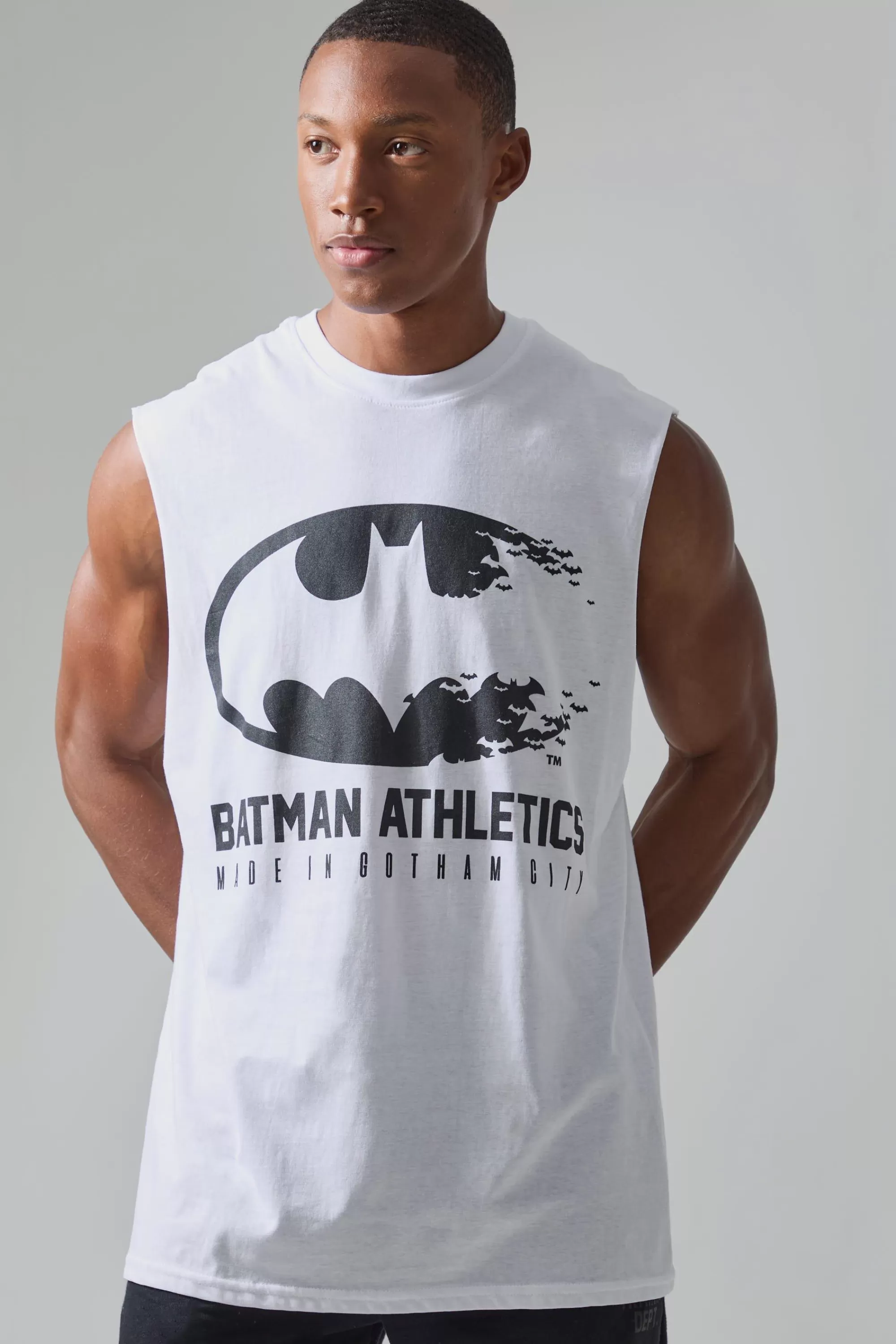 boohooMAN Active Batman Athletics License Reg Fit Tank | UK white Cheap