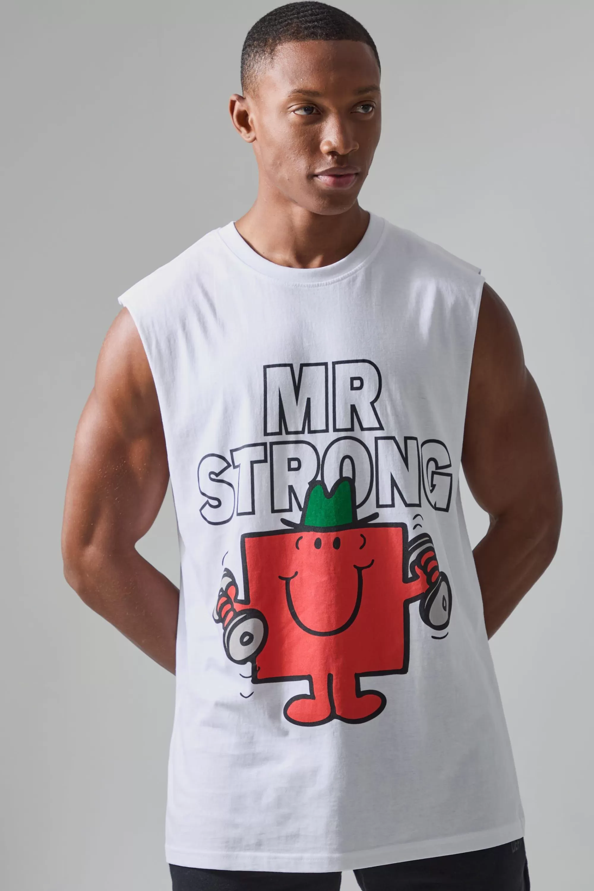 boohooMAN Active Mr Men Mr Strong License Reg Fit Tank | UK white New
