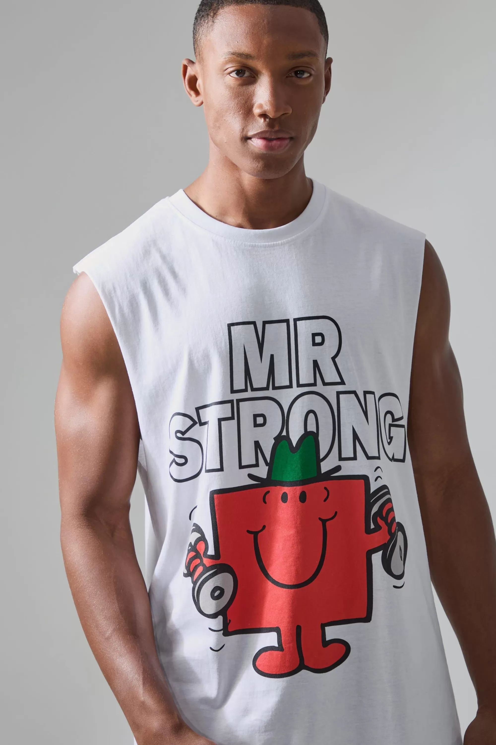 boohooMAN Active Mr Men Mr Strong License Reg Fit Tank | UK white New