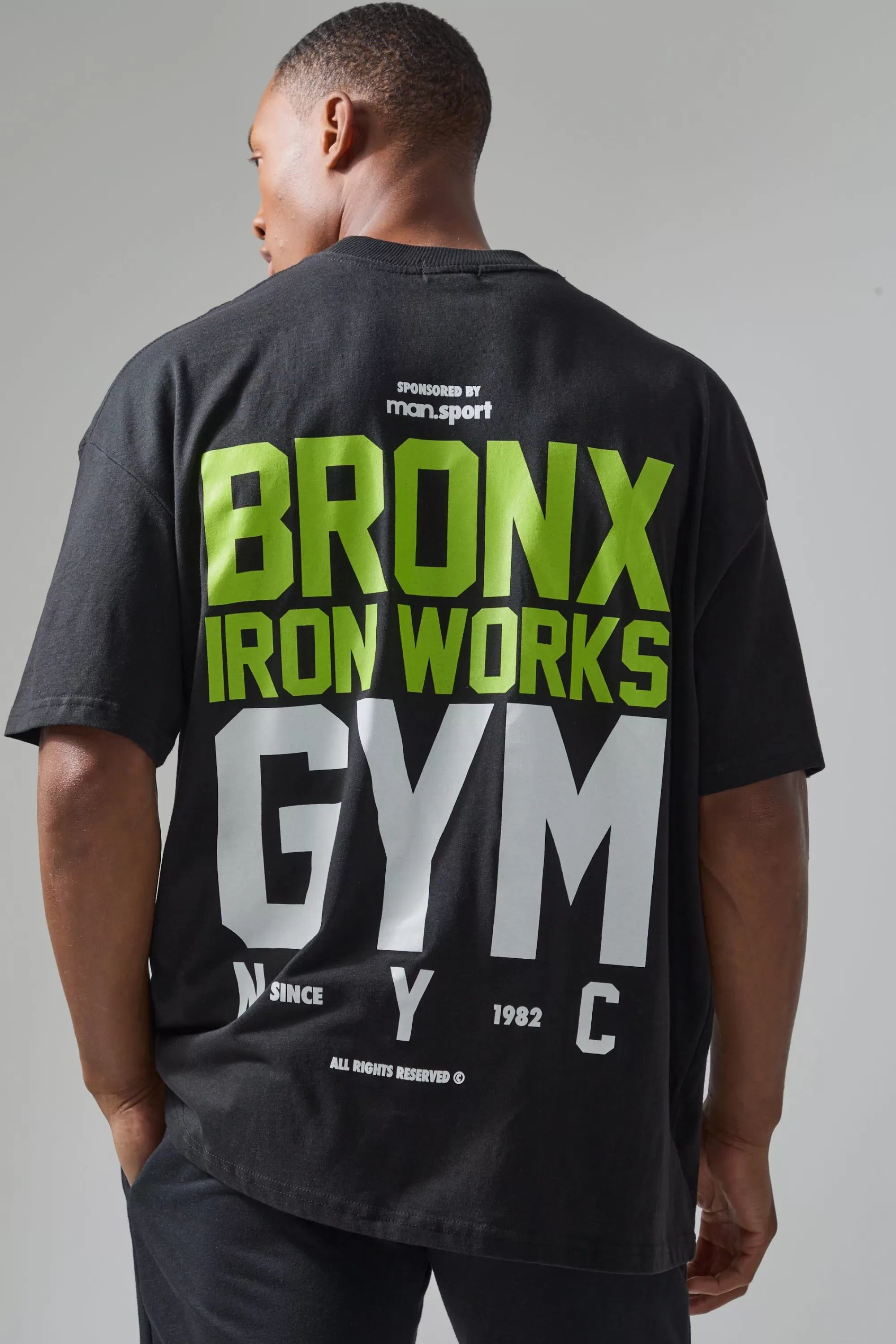 boohooMAN Active Oversized Extended Neck Bronx Gym Graphic T-shirt | UK black Fashion