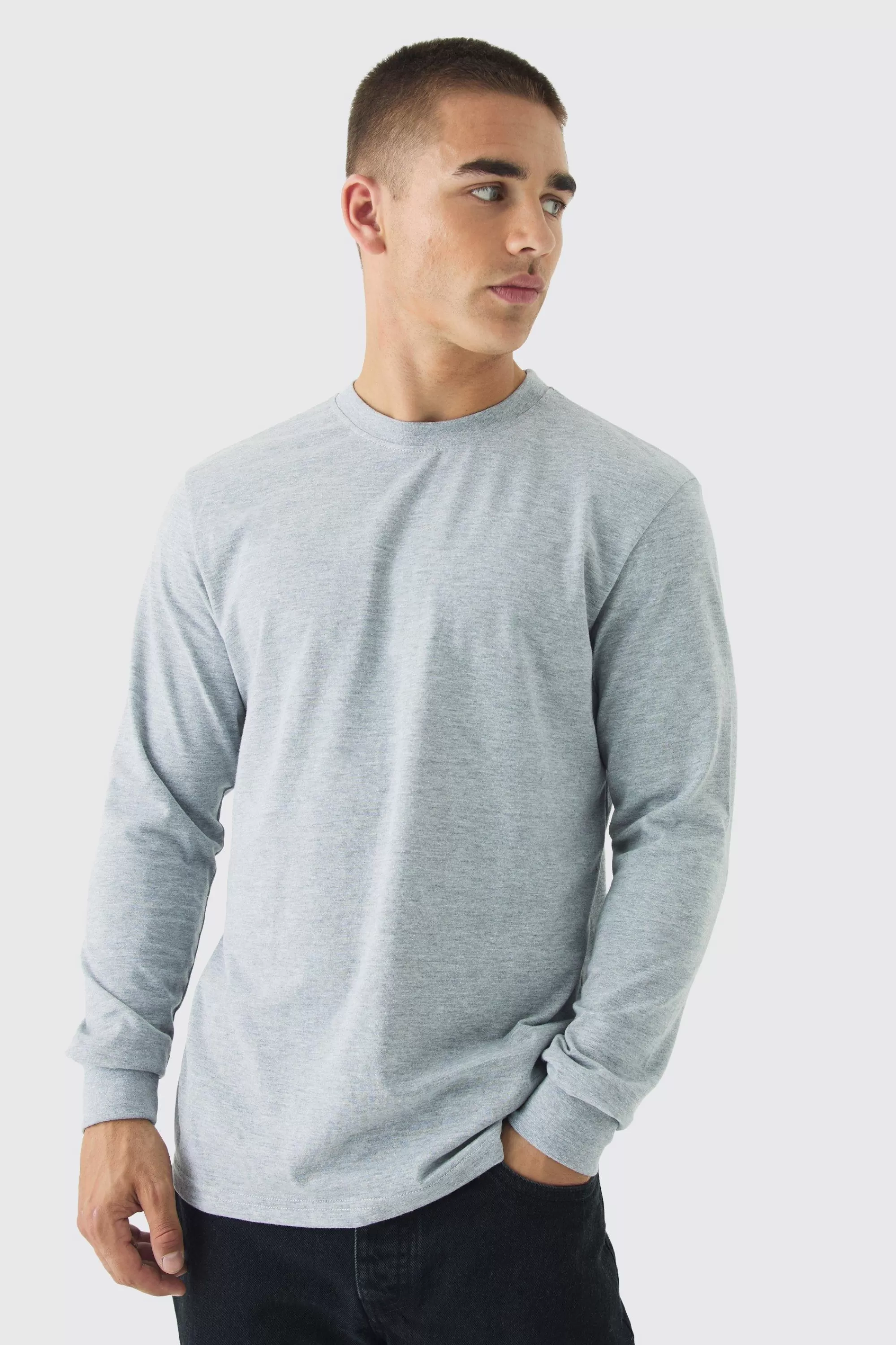 boohooMAN Basic Crew Neck Long Sleeve T-shirt | UK grey marl Store