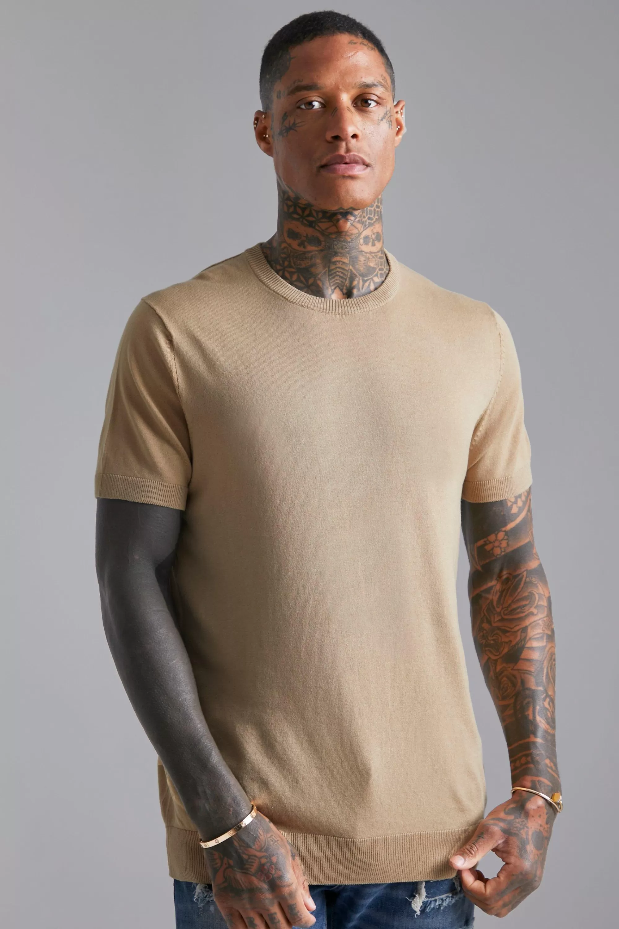 boohooMAN Basic Knitted T-Shirt | UK camel Hot