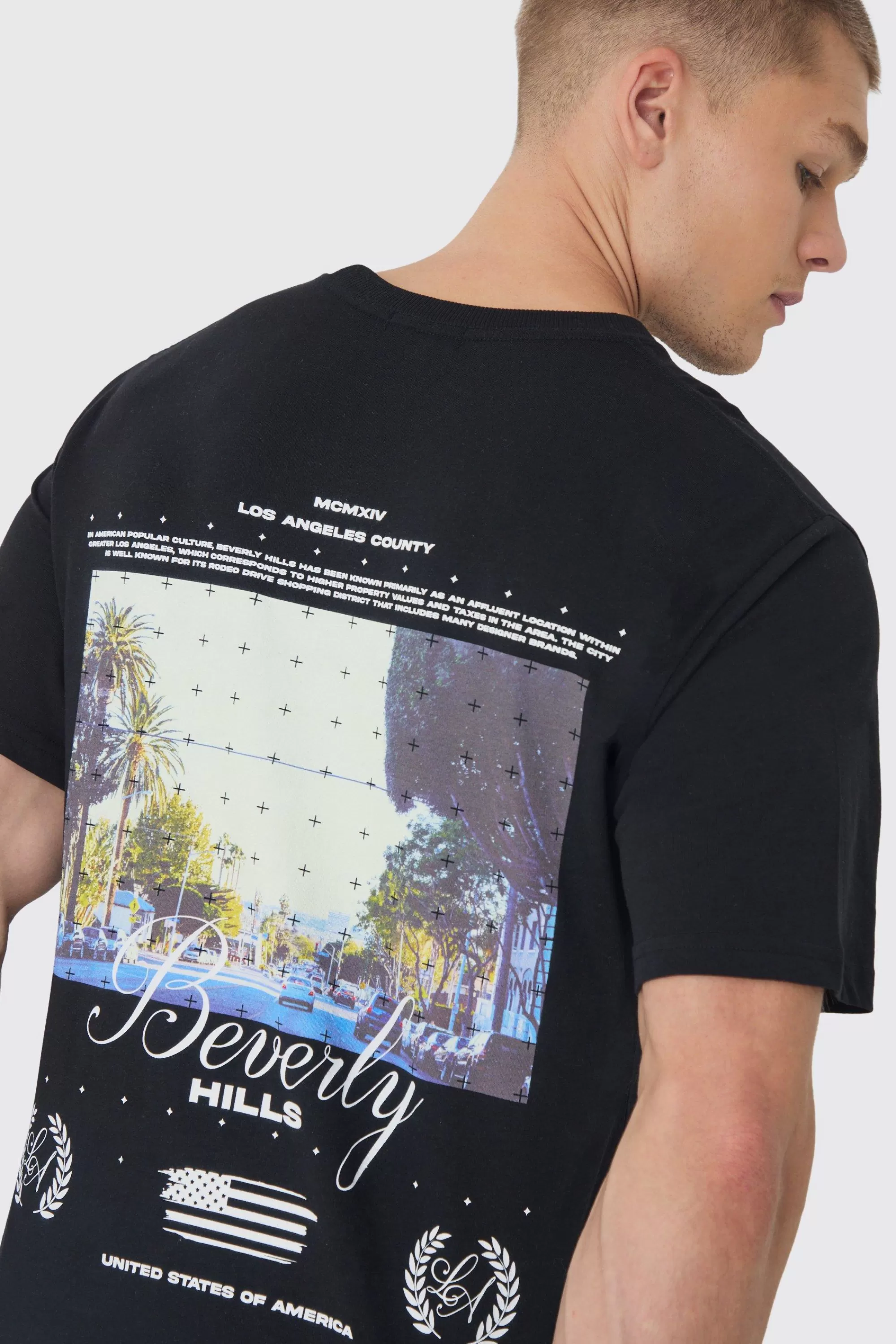 boohooMAN Beverly Hills Landscape Back Print T-Shirt | UK black New